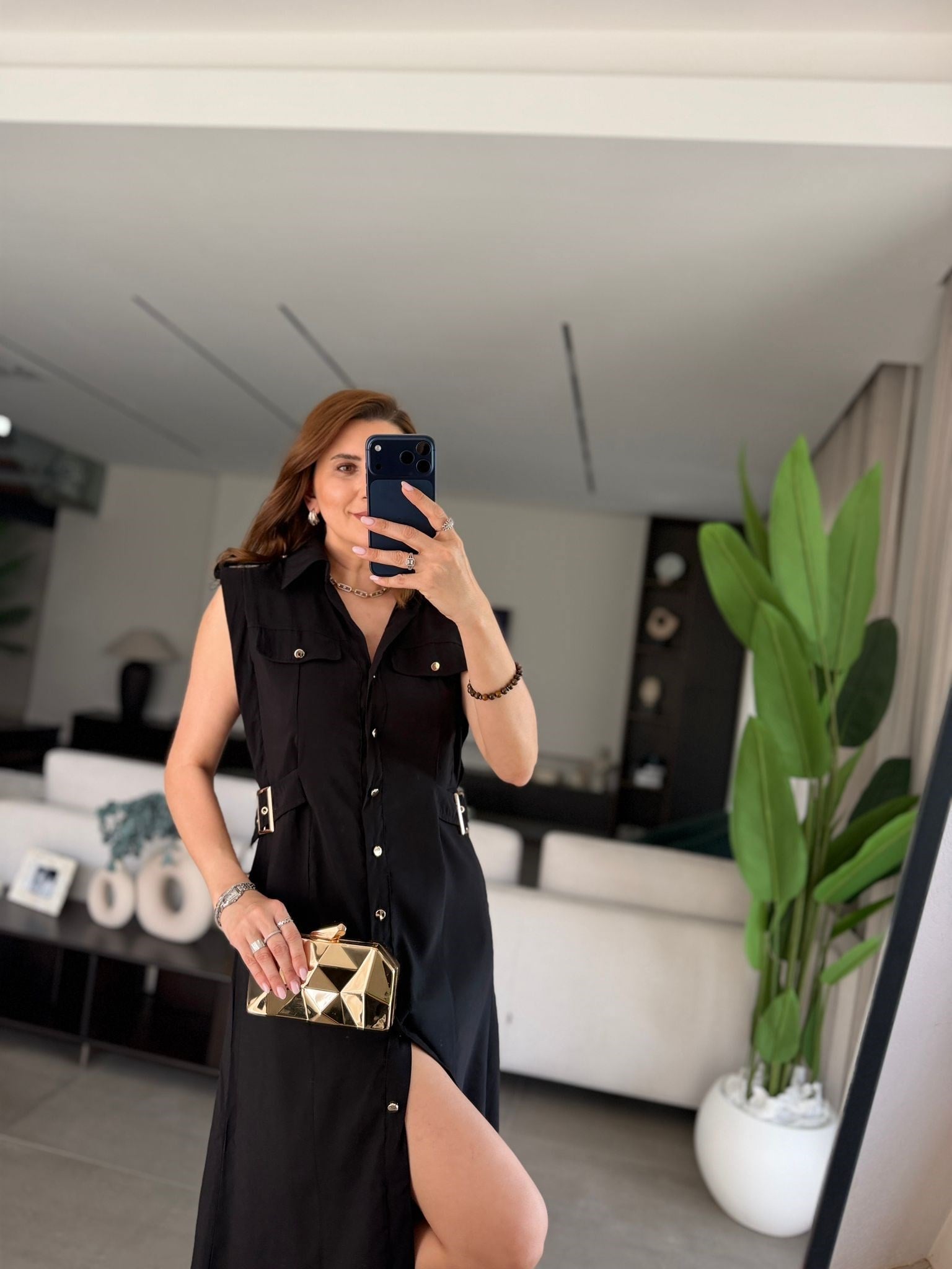 Siyah Cep Kapaklı Önü Düğmeli Elbise