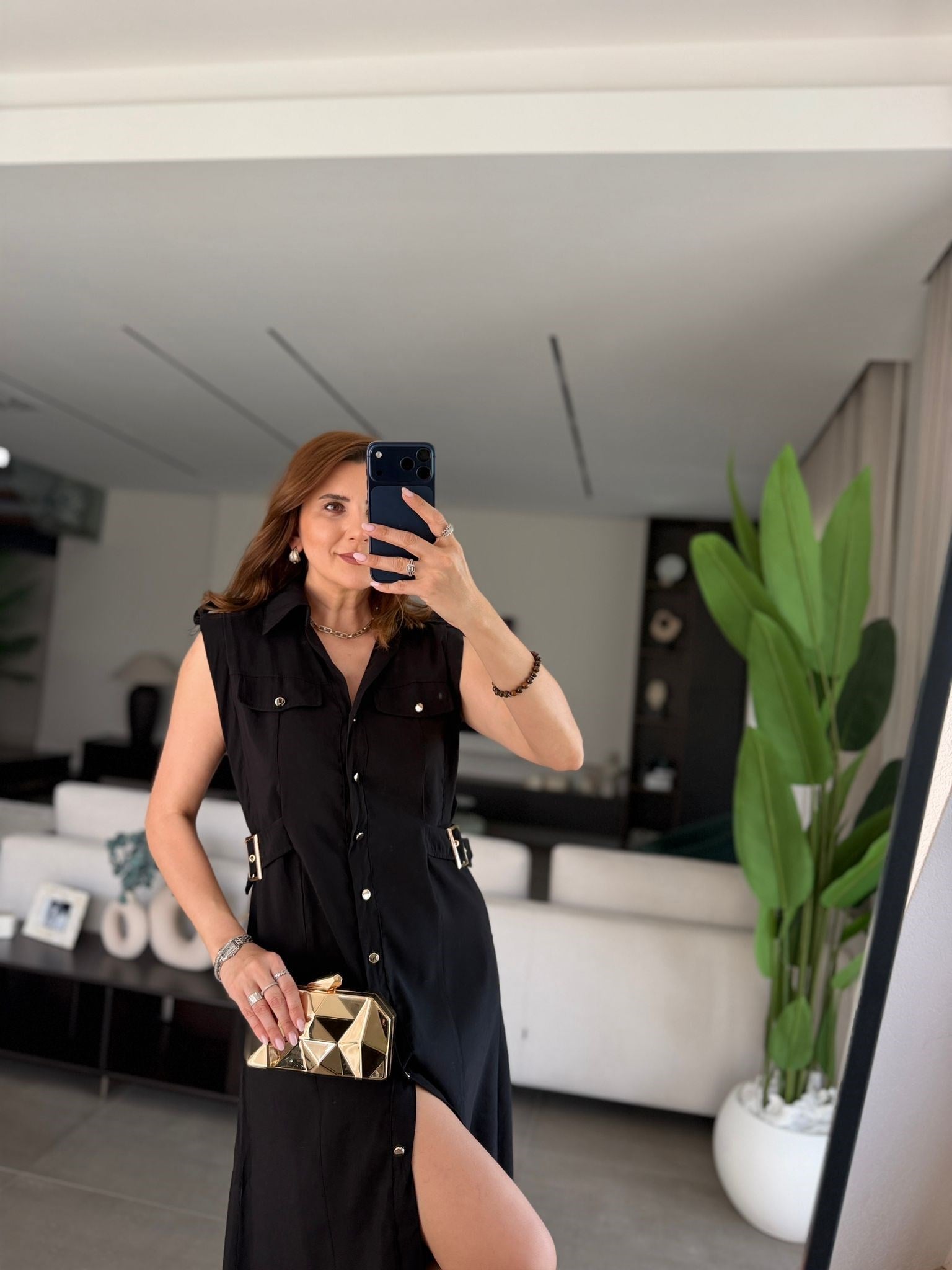 Siyah Cep Kapaklı Önü Düğmeli Elbise