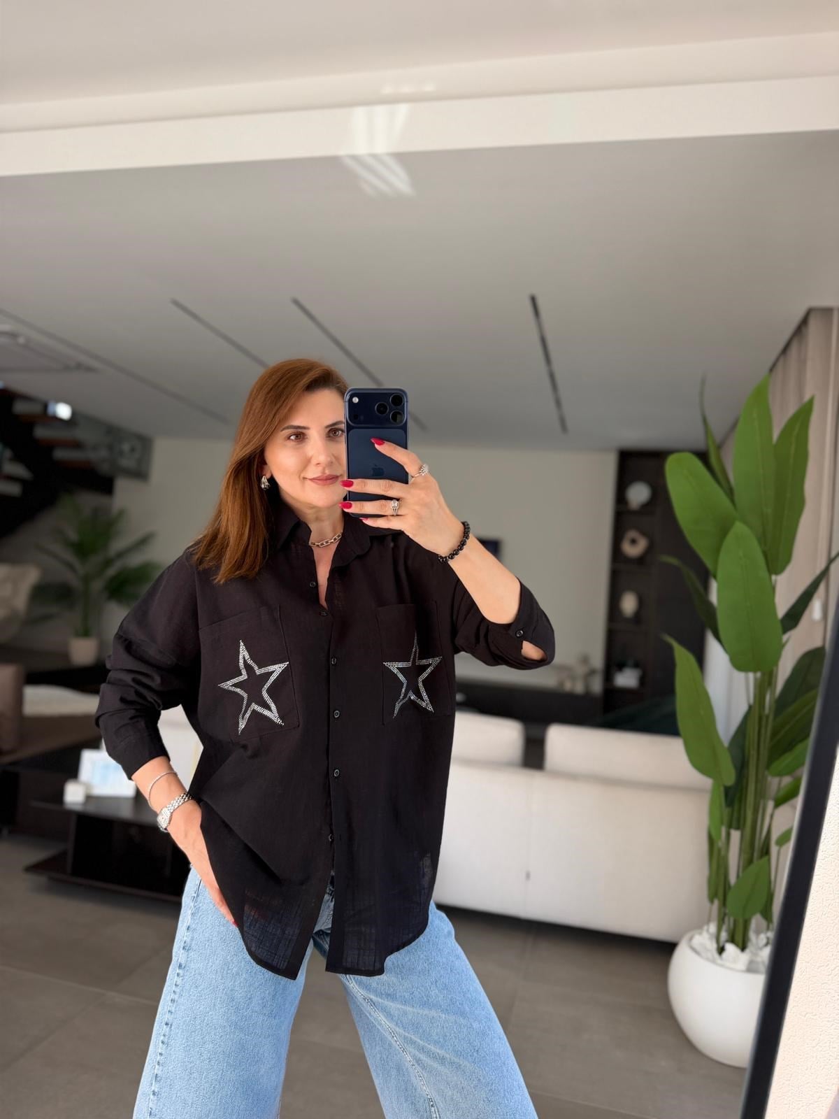 Siyah Cep Yıldız Taşlı Oversize Gömlek