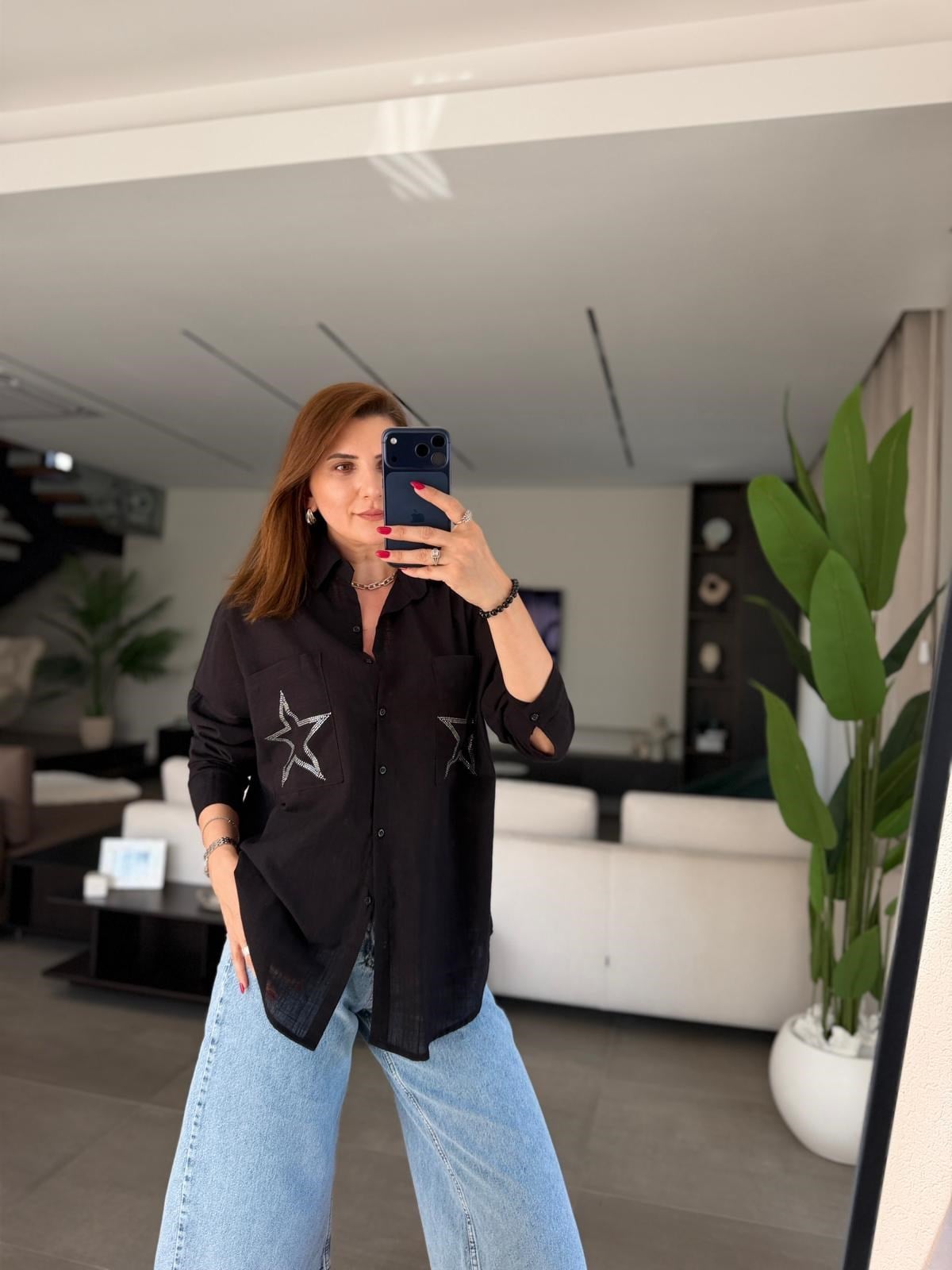 Siyah Cep Yıldız Taşlı Oversize Gömlek