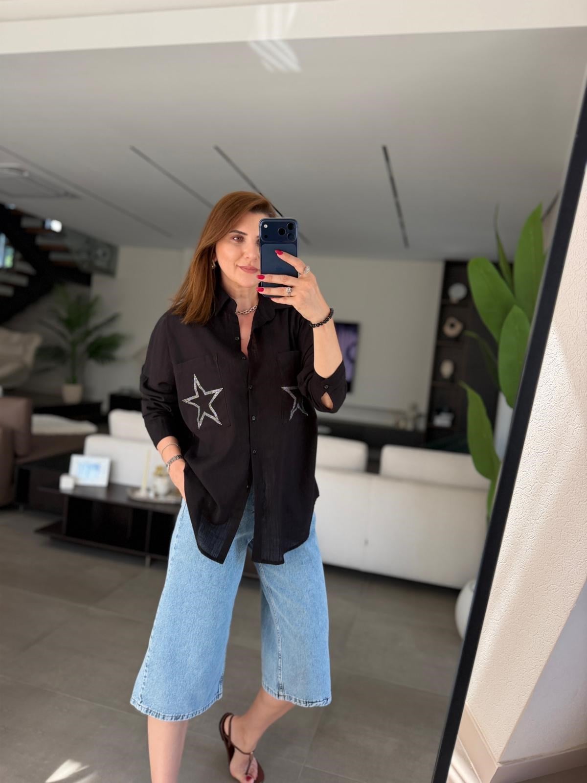 Siyah Cep Yıldız Taşlı Oversize Gömlek