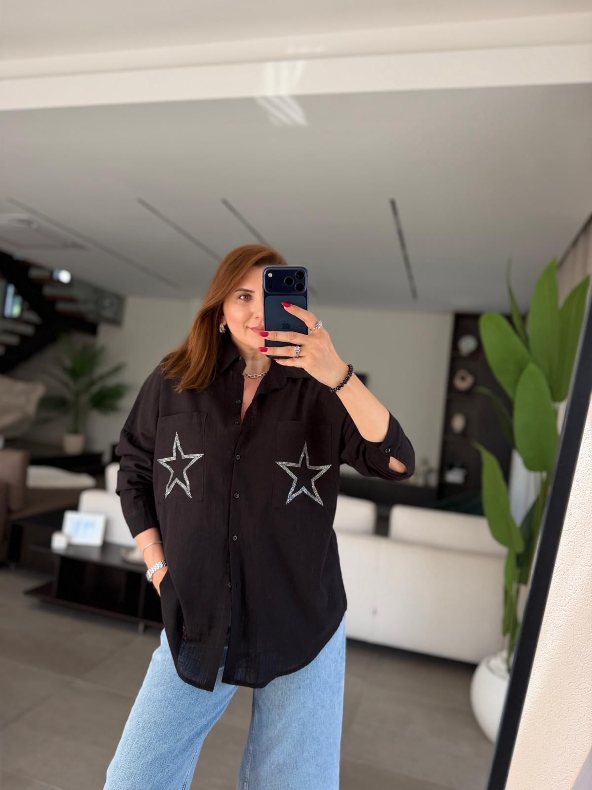 Siyah Cep Yıldız Taşlı Oversize Gömlek