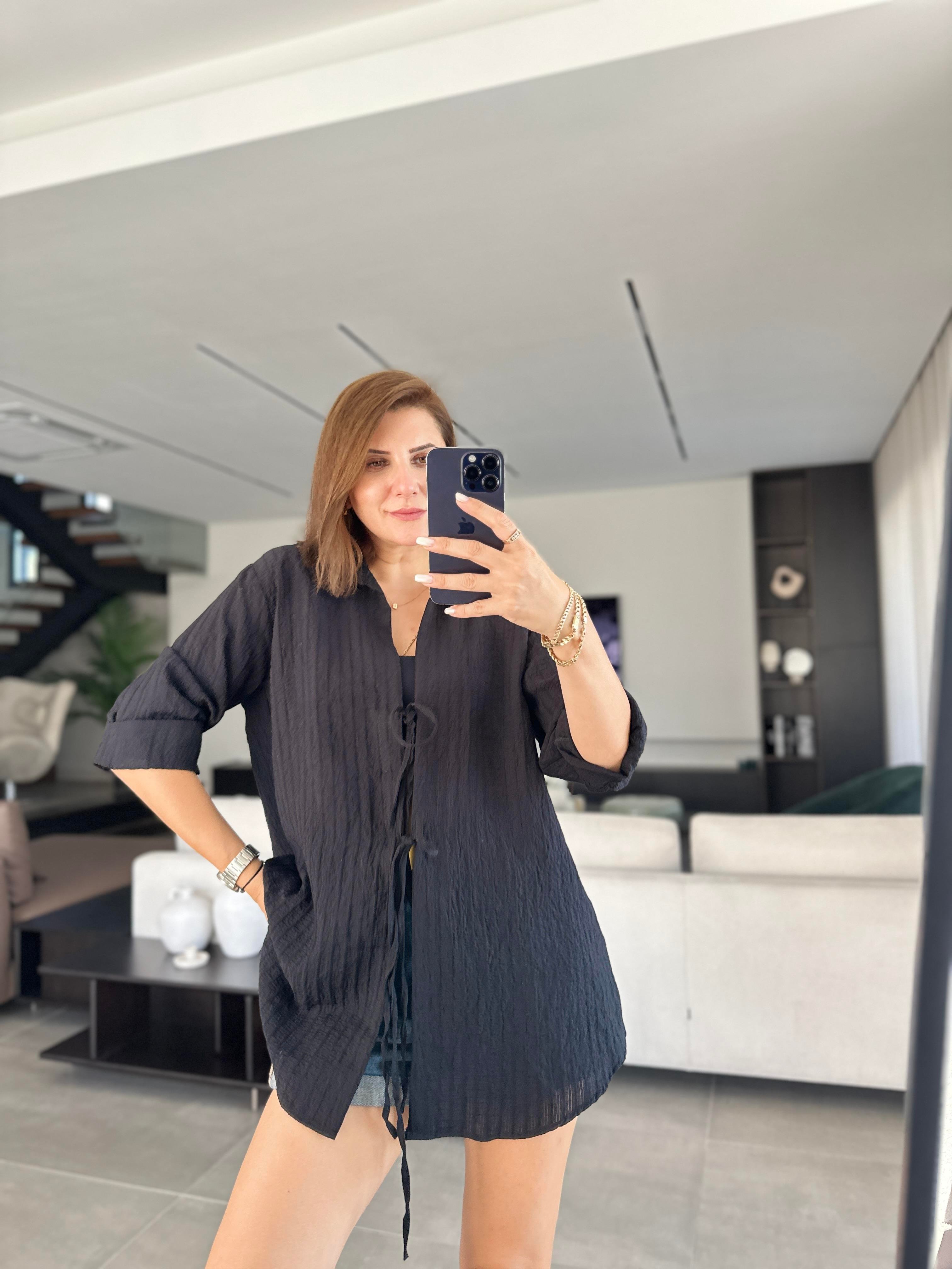 Siyah Çift Bağlamalı Pareo Gömlek
