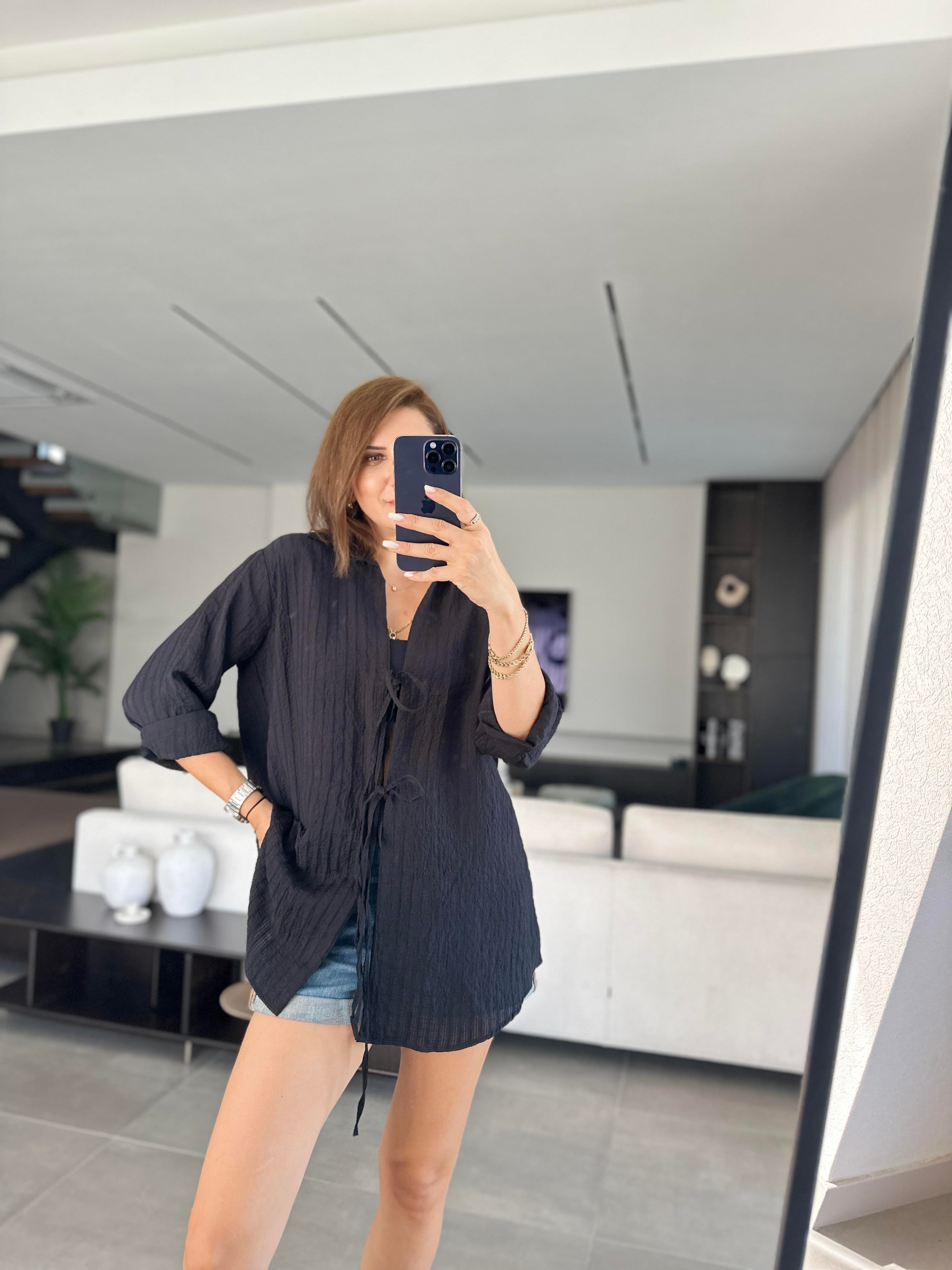 Siyah Çift Bağlamalı Pareo Gömlek