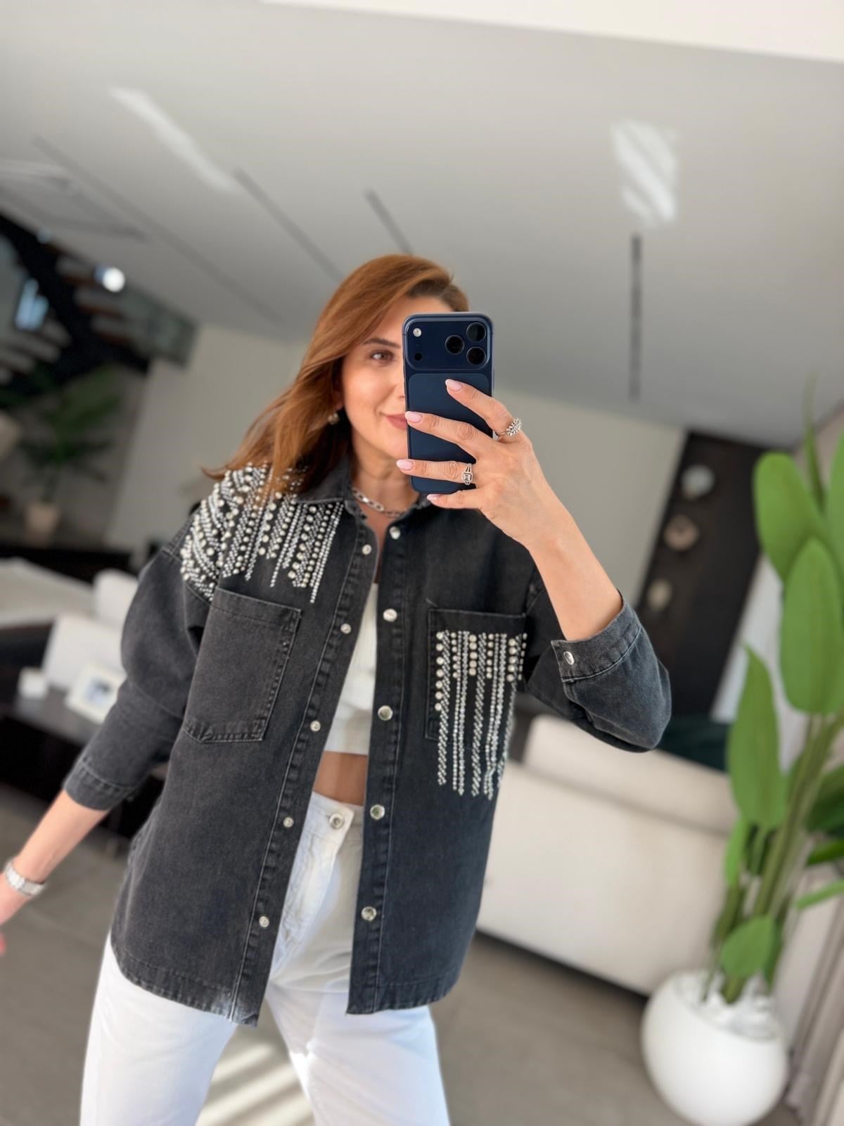 Siyah Çift Cepli Taşlı Kot Ceket