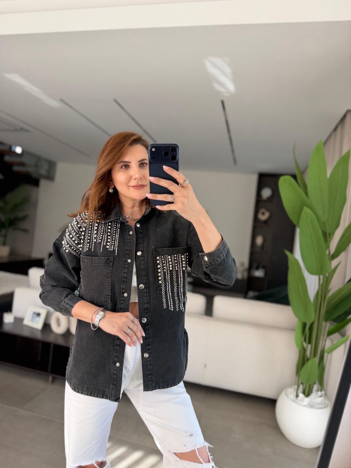 Siyah Çift Cepli Taşlı Kot Ceket