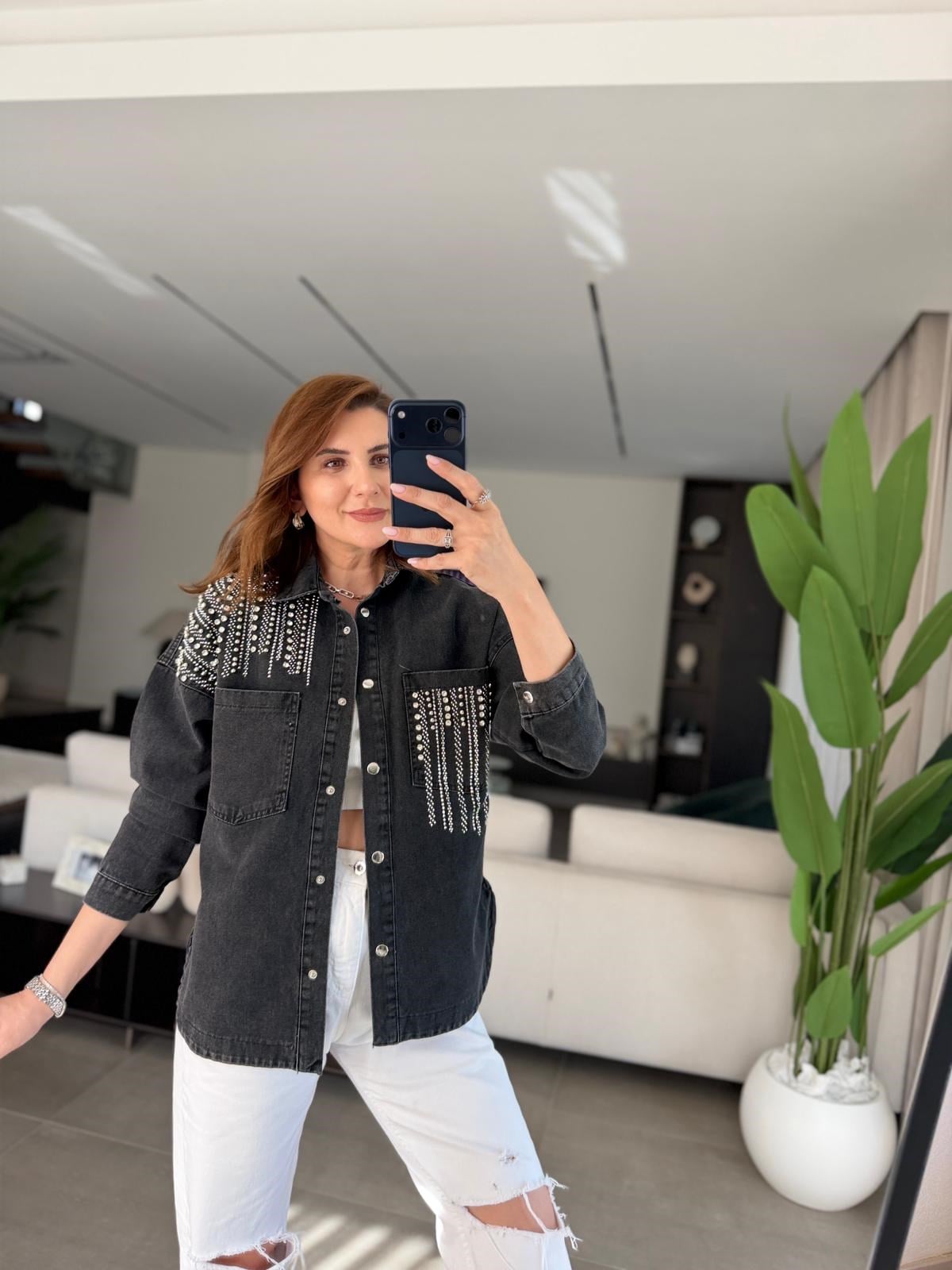 Siyah Çift Cepli Taşlı Kot Ceket
