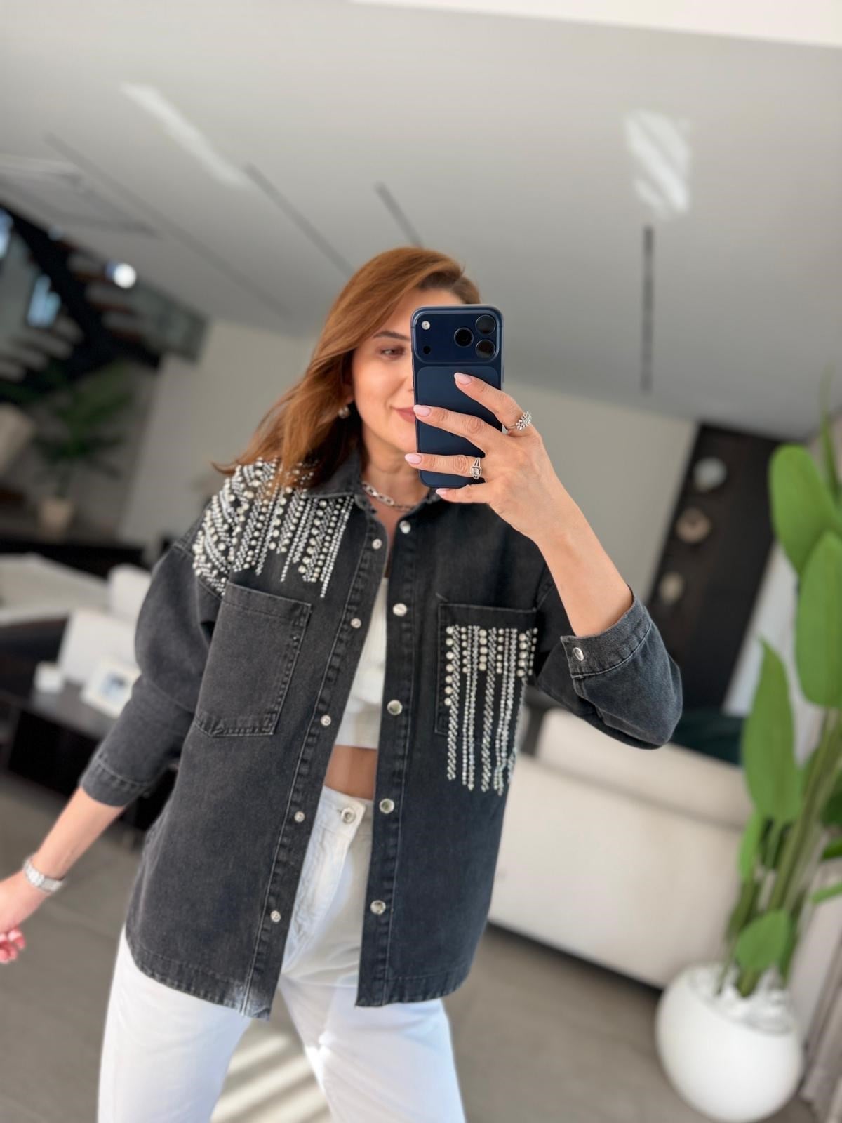Siyah Çift Cepli Taşlı Kot Ceket