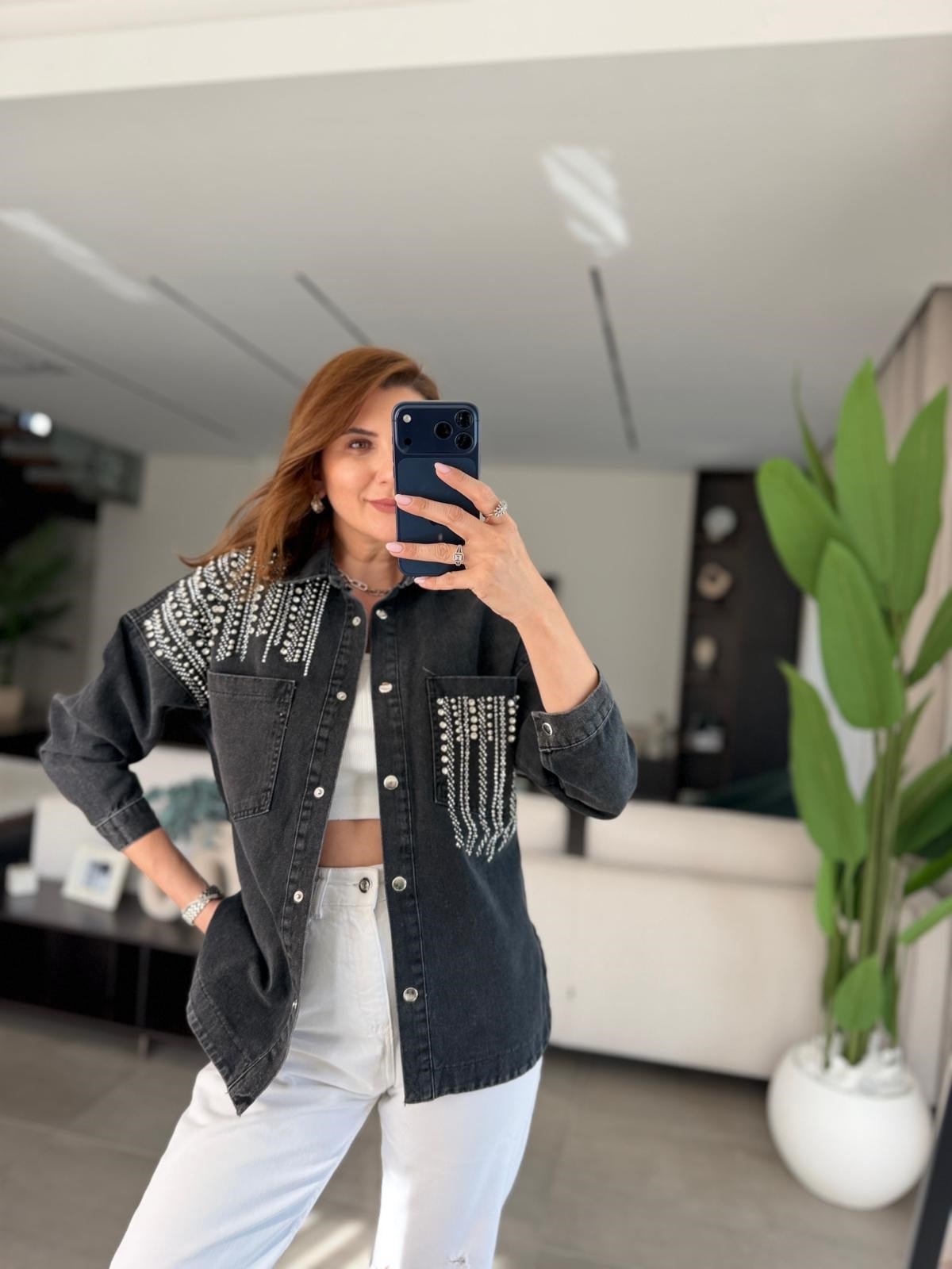 Siyah Çift Cepli Taşlı Kot Ceket