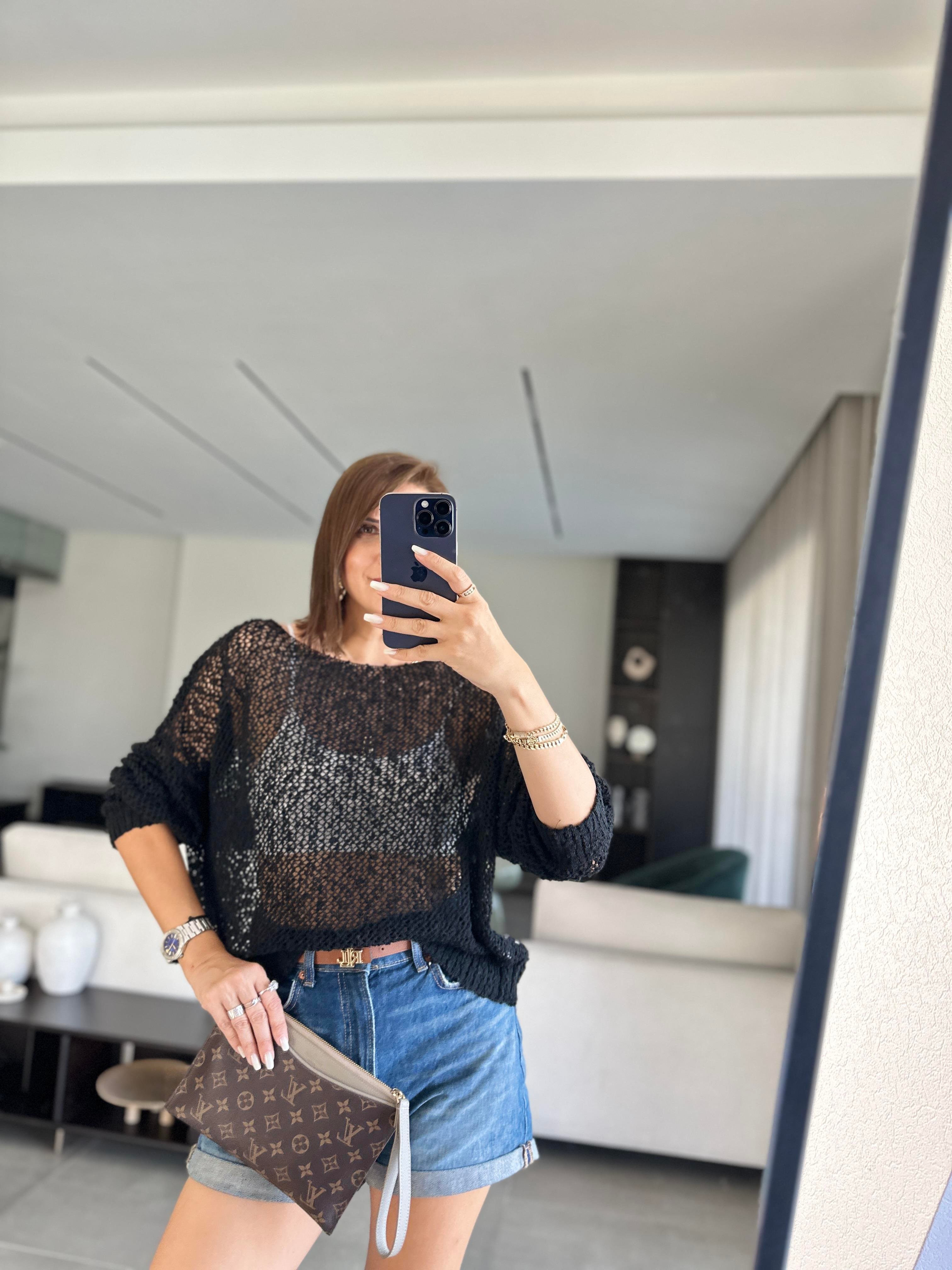 Siyah File Kayık Yaka Bluz