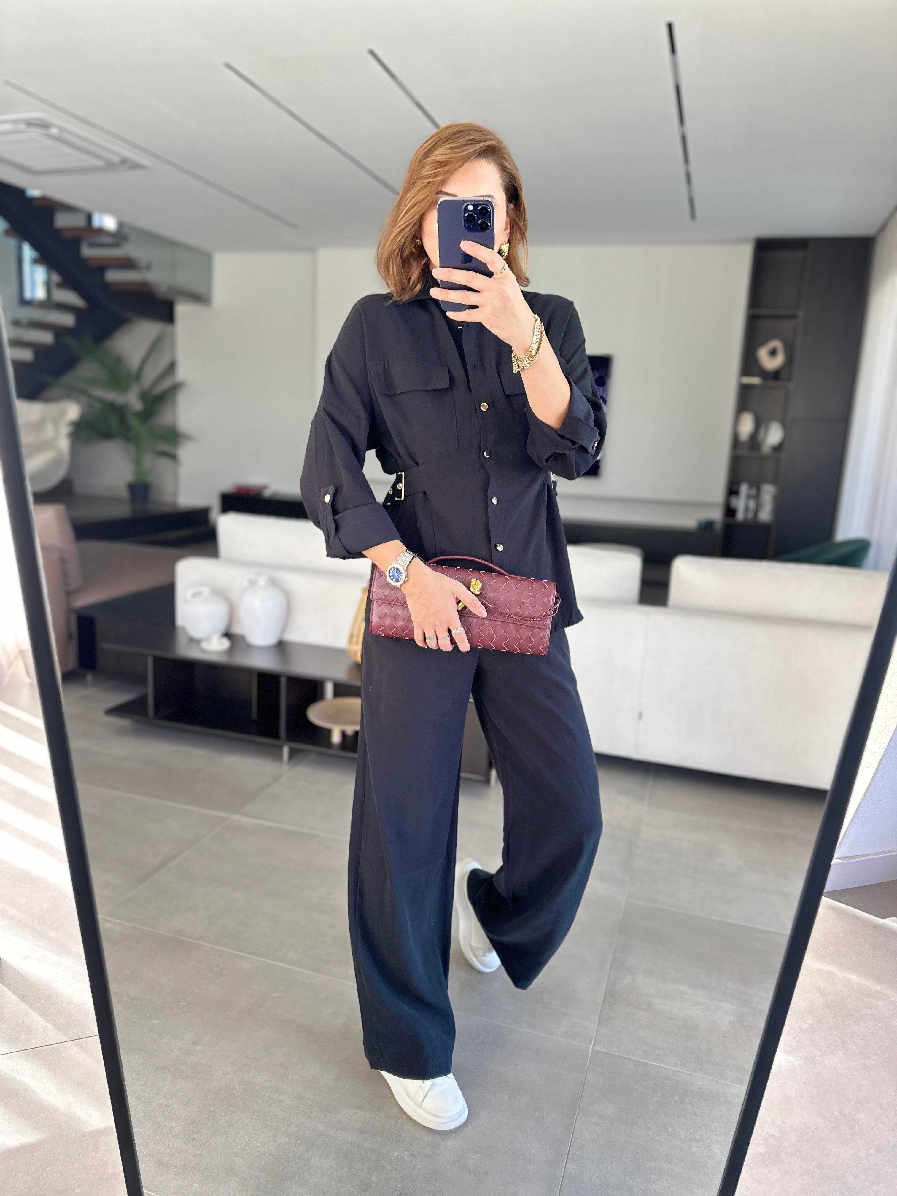 Siyah Gömleği Tokalı Tencel Pantolonlu Takım