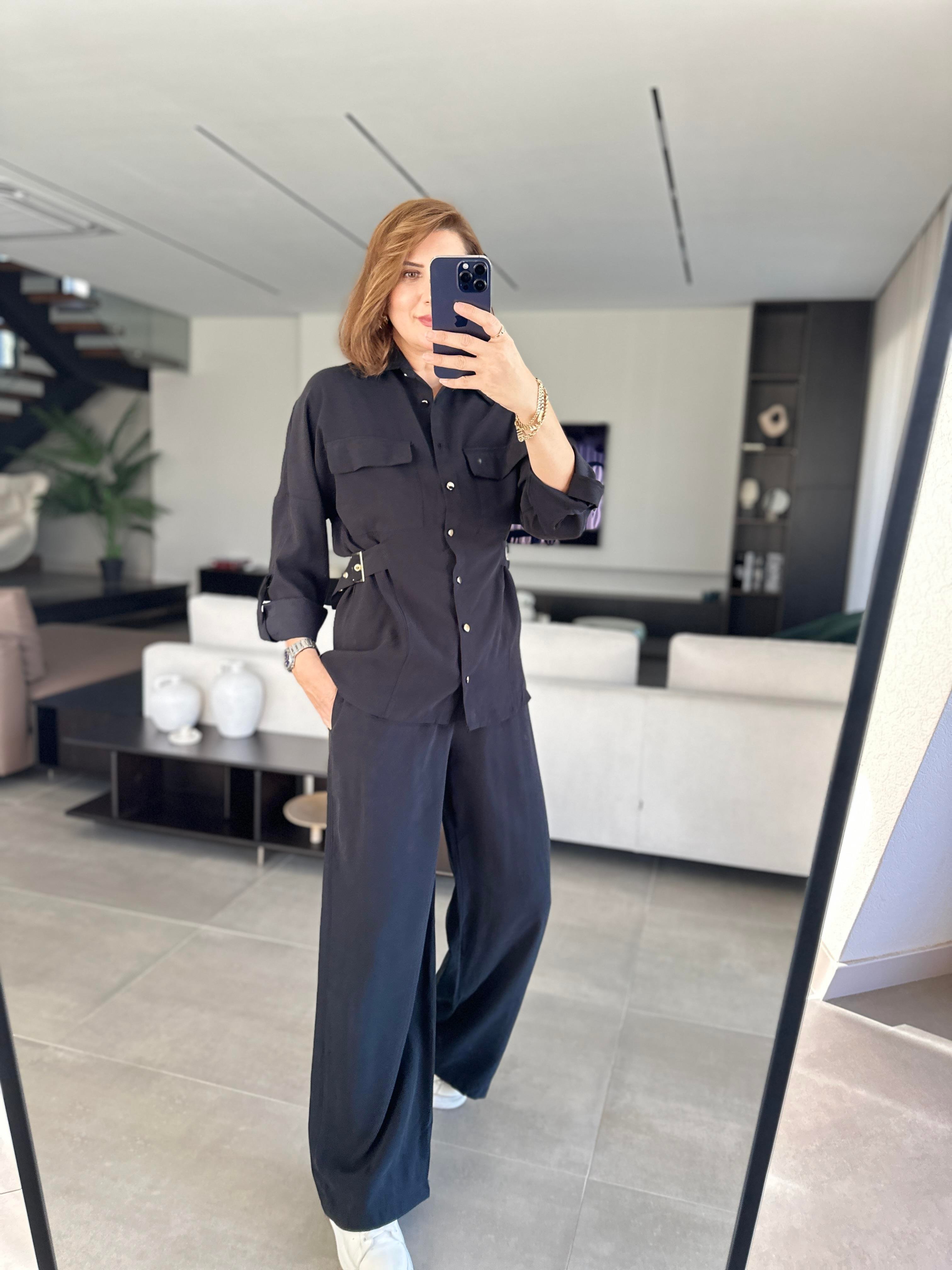 Siyah Gömleği Tokalı Tencel Pantolonlu Takım