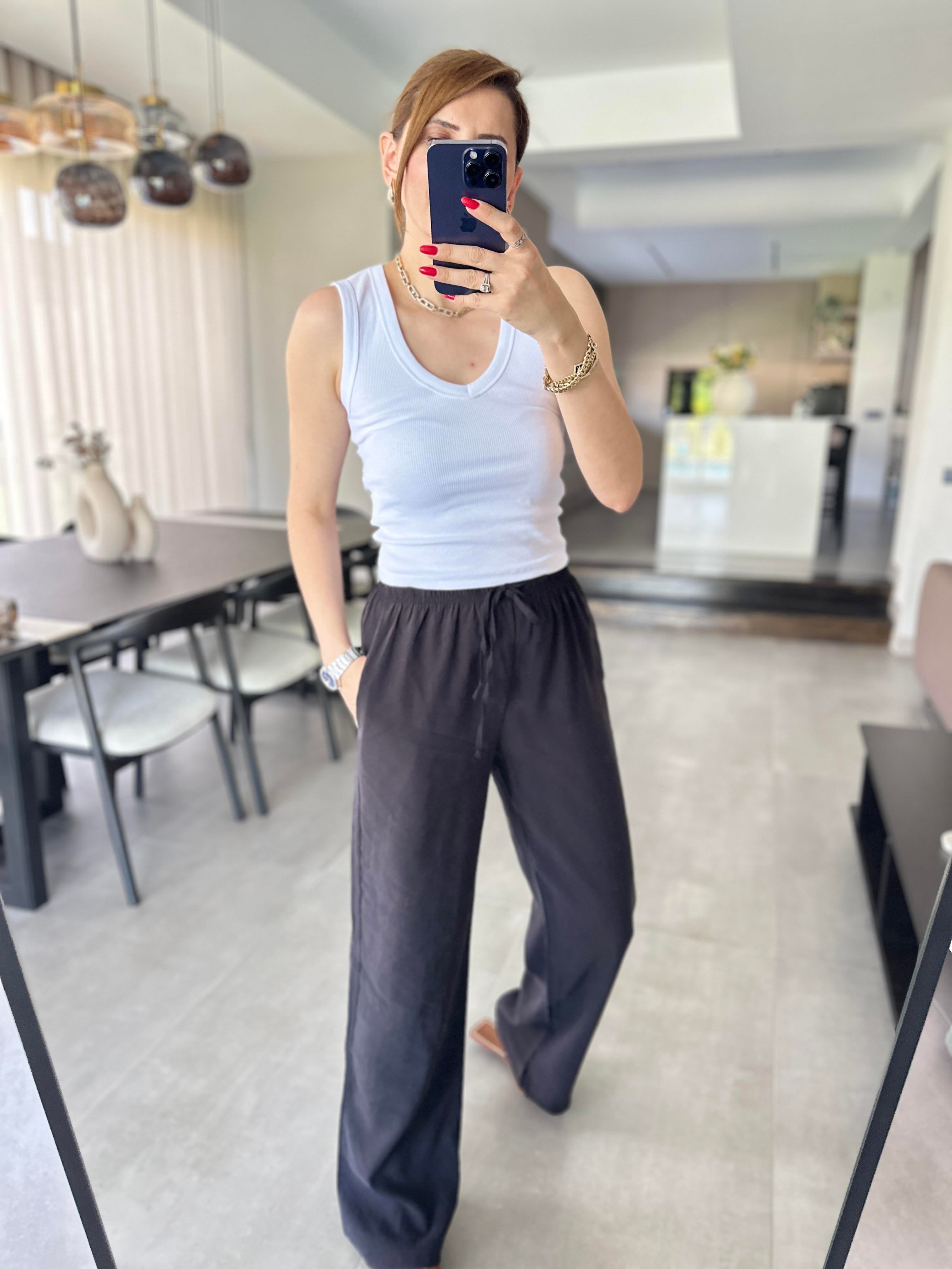Siyah İnce Kemerli Mas Pantolon
