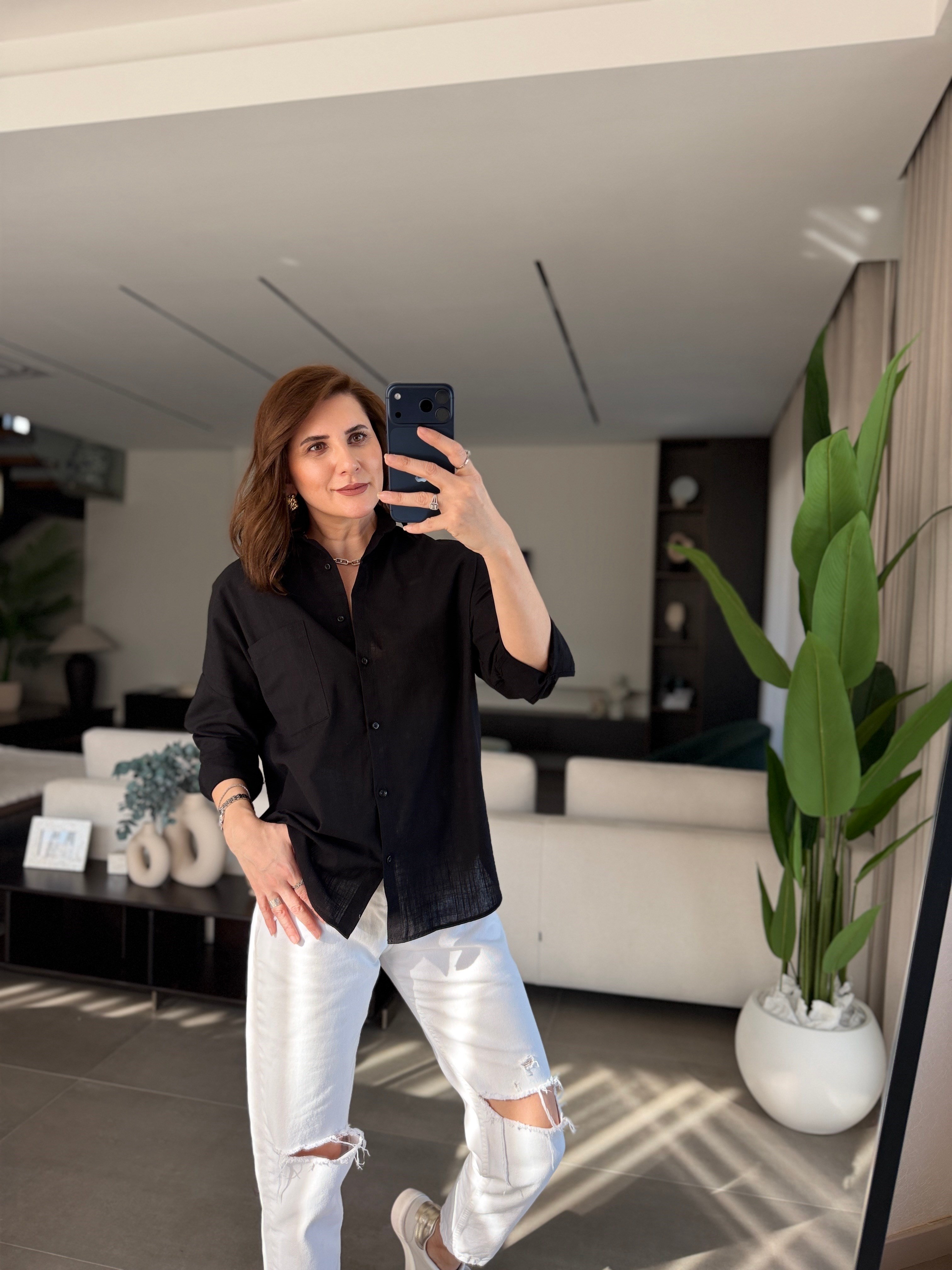 Siyah Keten Tek Cep Oversize Gömlek