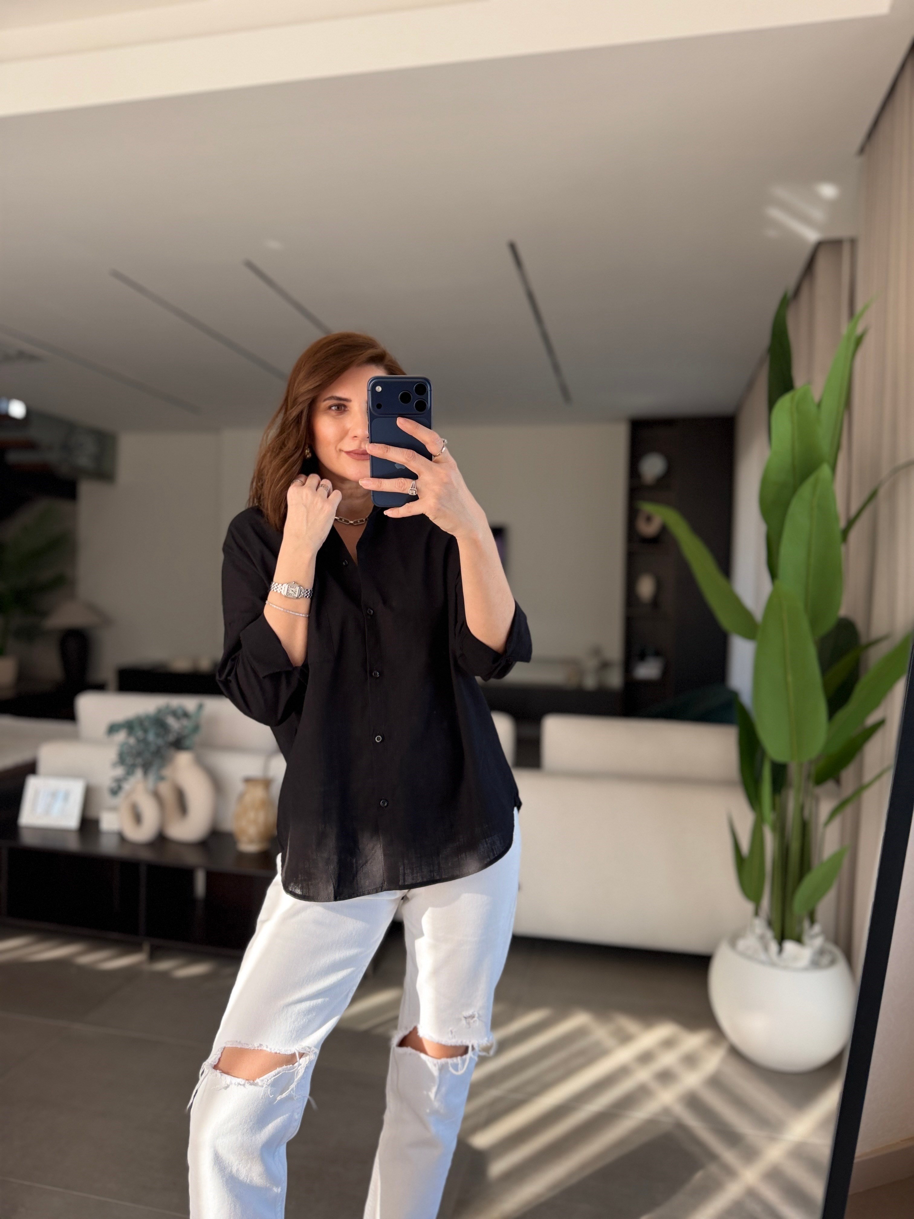 Siyah Keten Tek Cep Oversize Gömlek