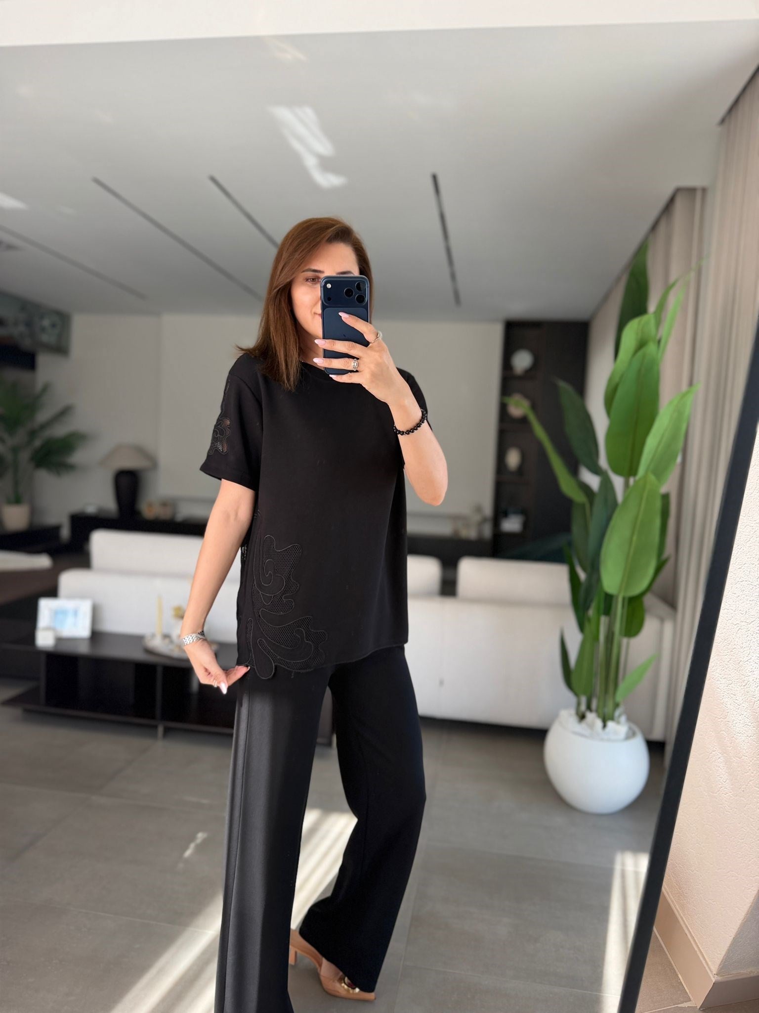 Siyah Lazer Nakış Modal Pantolon Takım