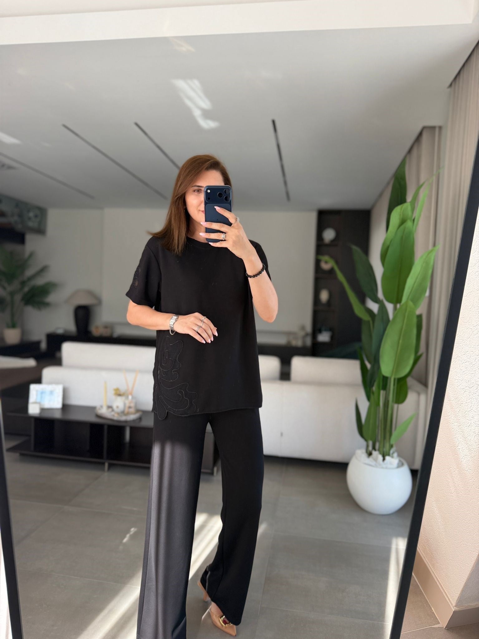 Siyah Lazer Nakış Modal Pantolon Takım