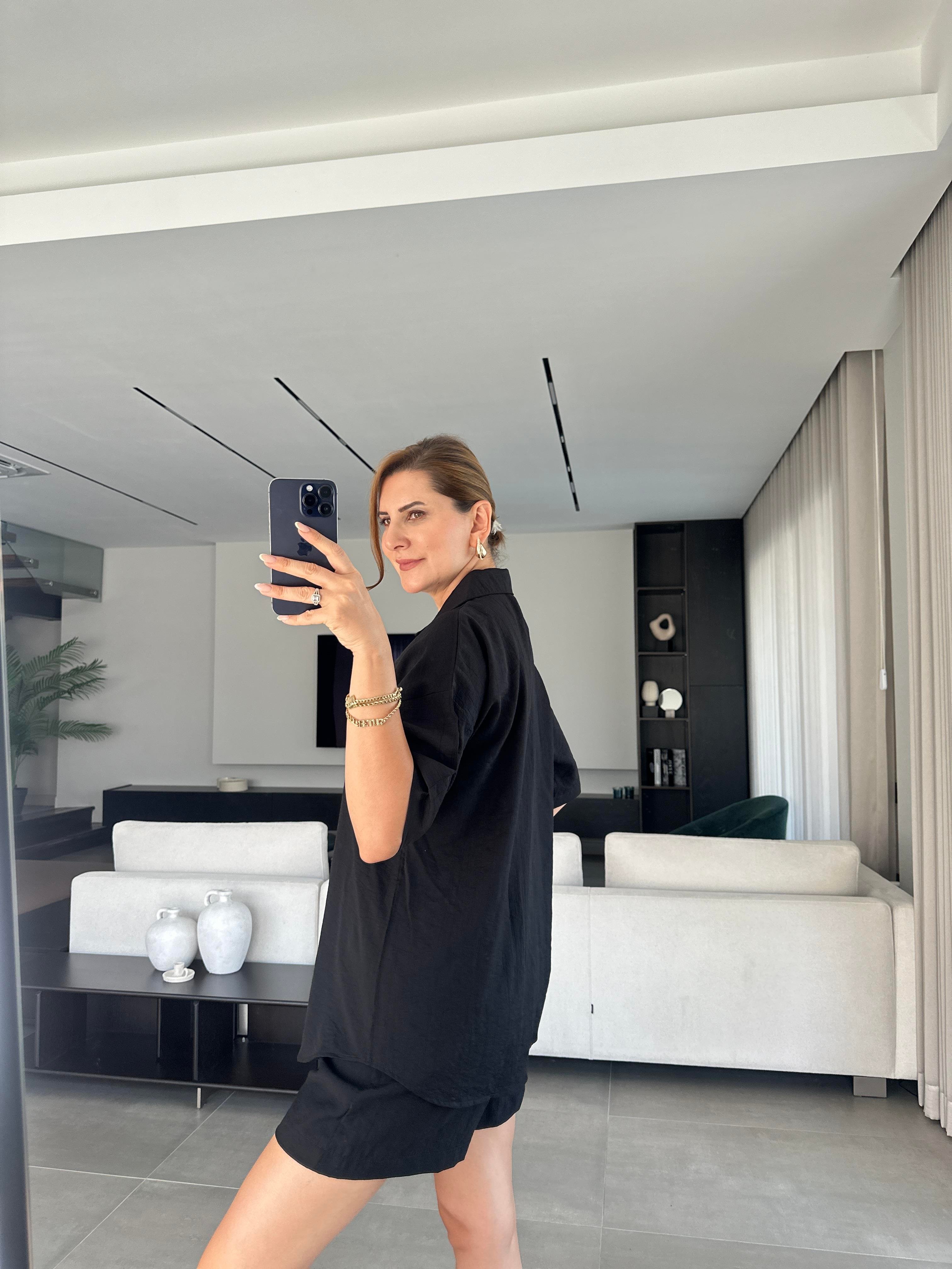 Siyah Licardi Keten Şort Takım