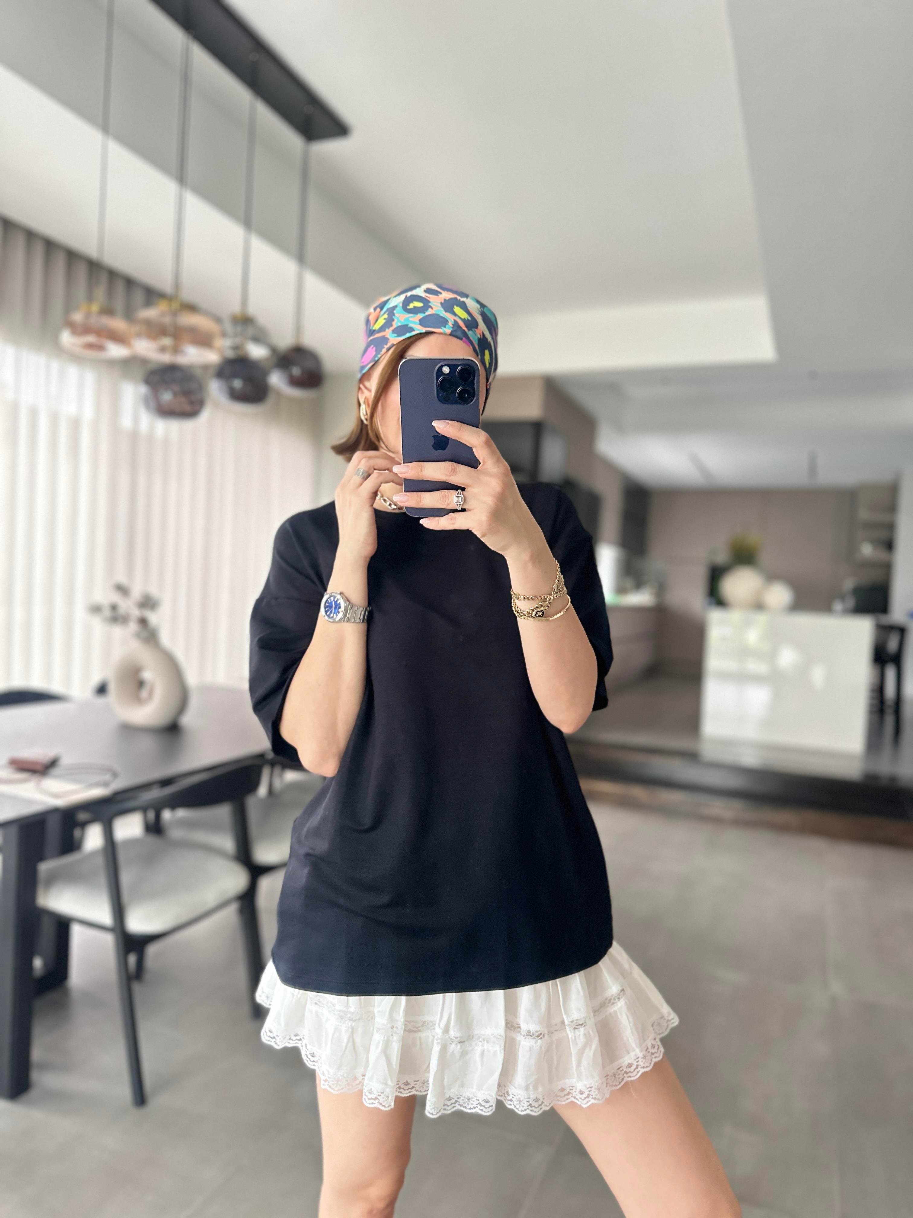 Siyah Lulin Bisiklet Yaka T-shirt