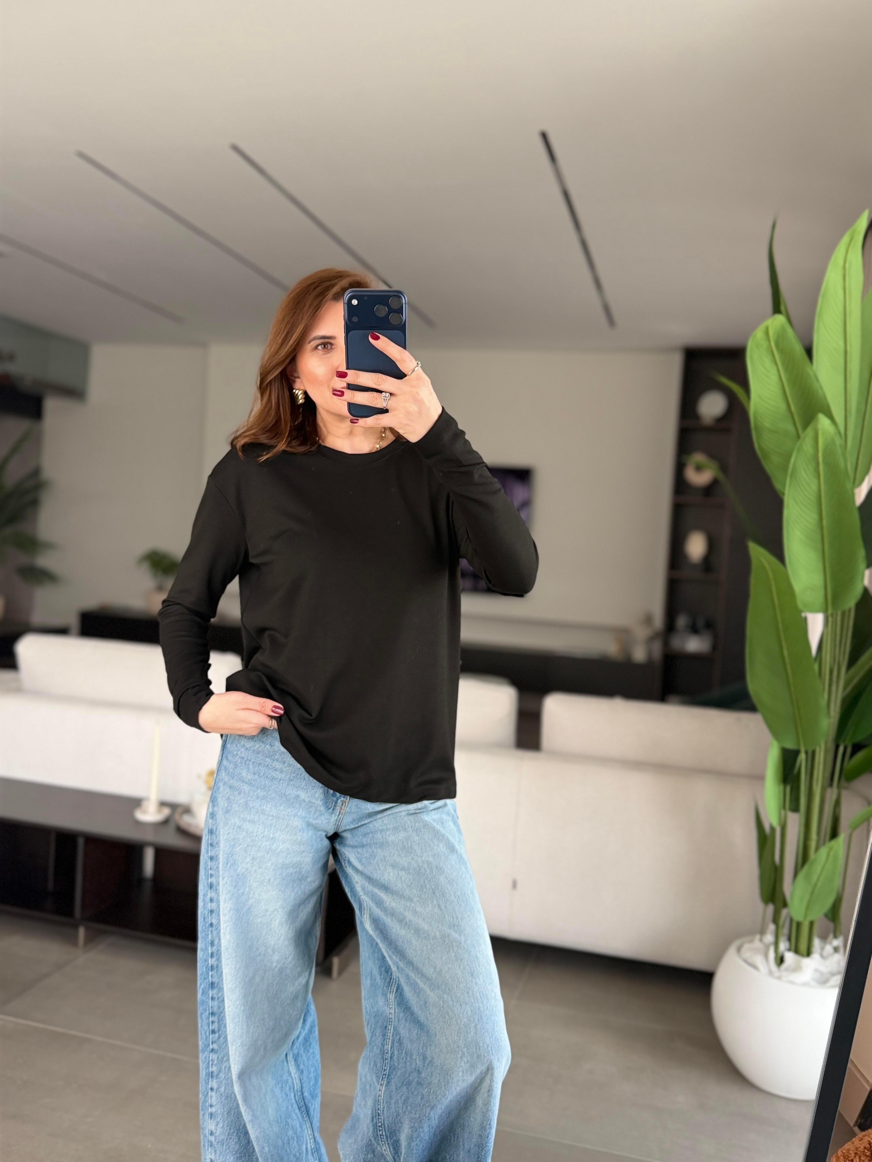 Siyah Malta Bisiklet Yaka Basic Sweat