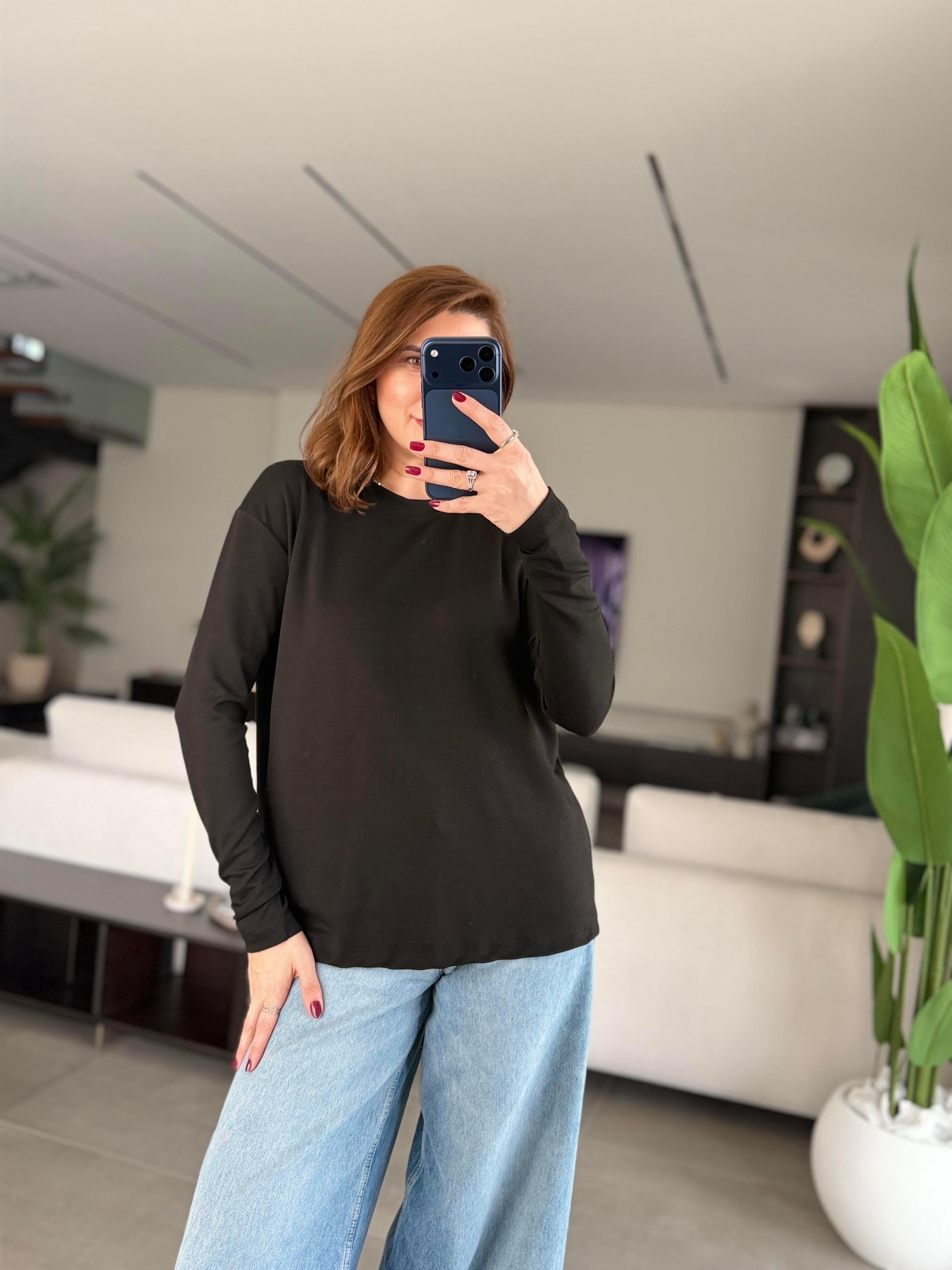 Siyah Malta Bisiklet Yaka Basic Sweat