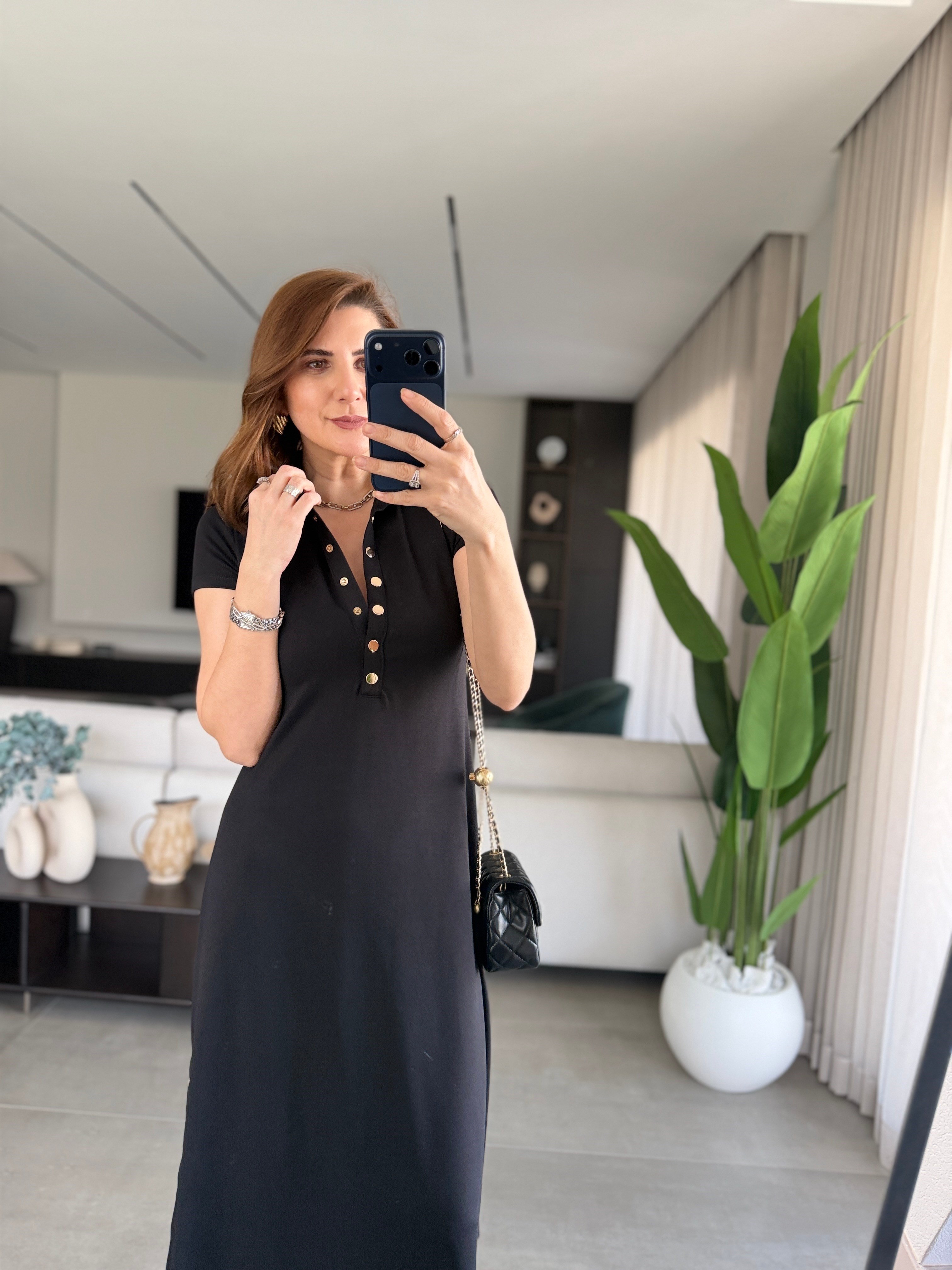 Siyah Modal Çıtçıt Detaylı Elbise