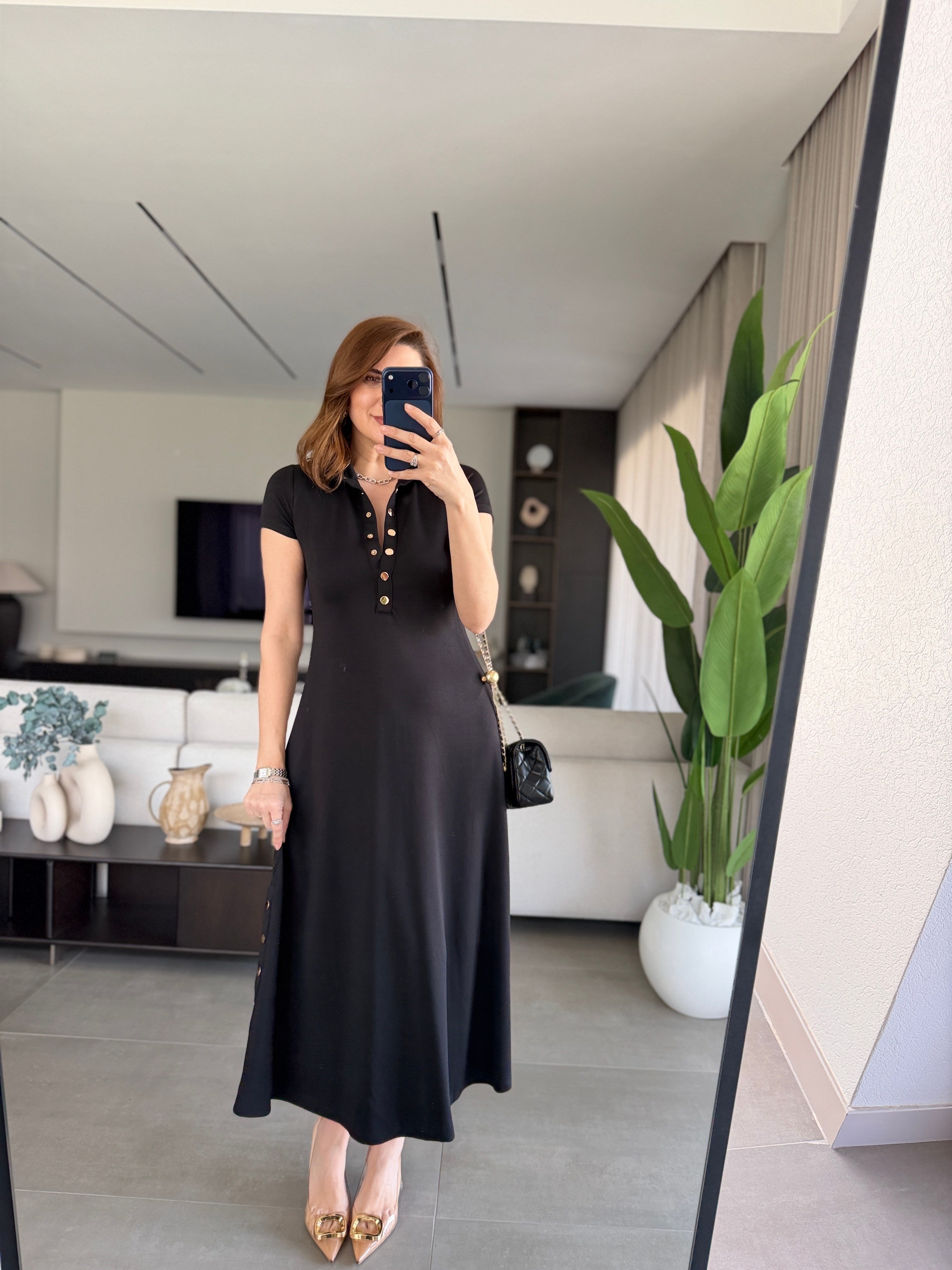 Siyah Modal Çıtçıt Detaylı Elbise
