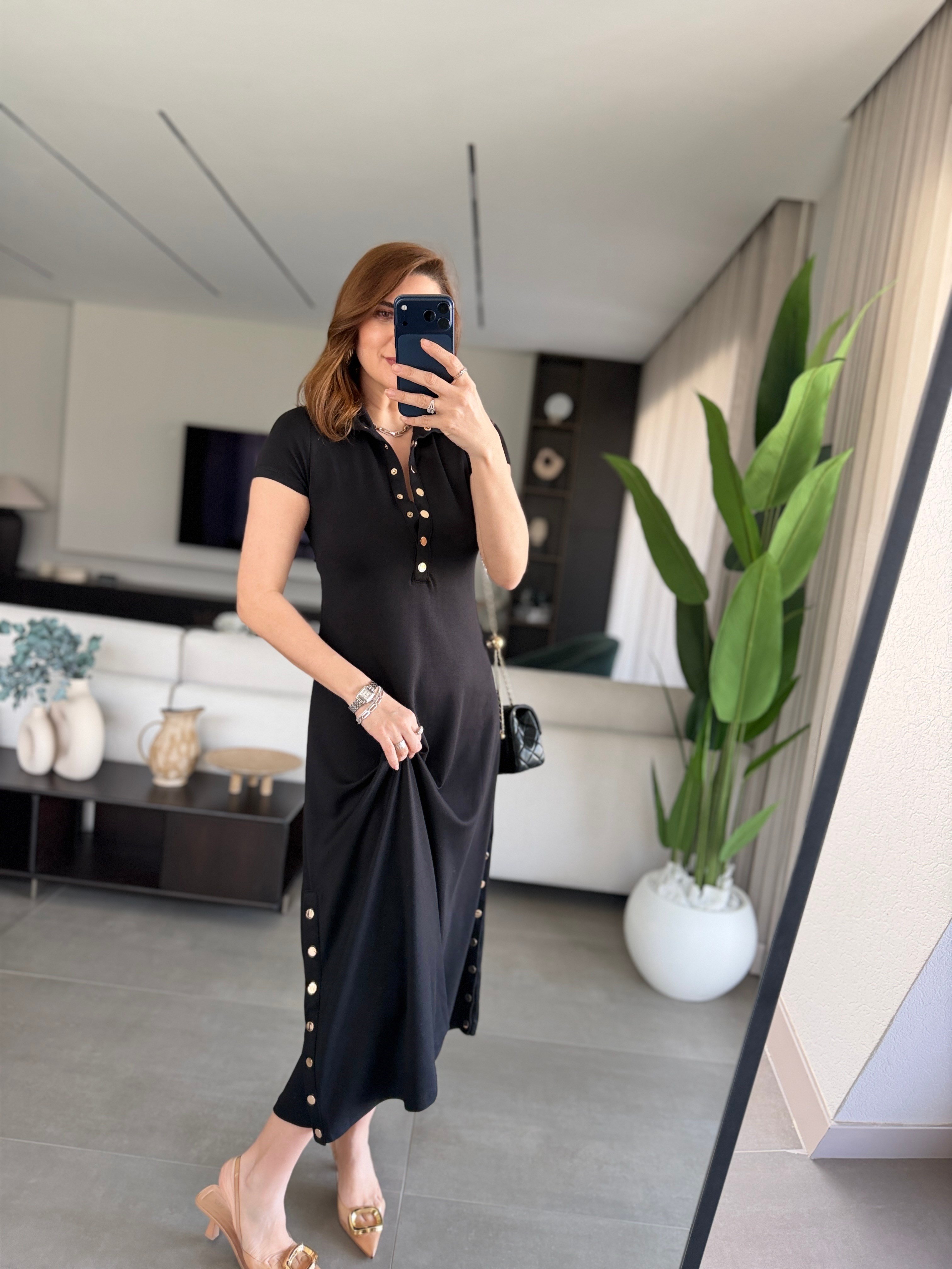 Siyah Modal Çıtçıt Detaylı Elbise