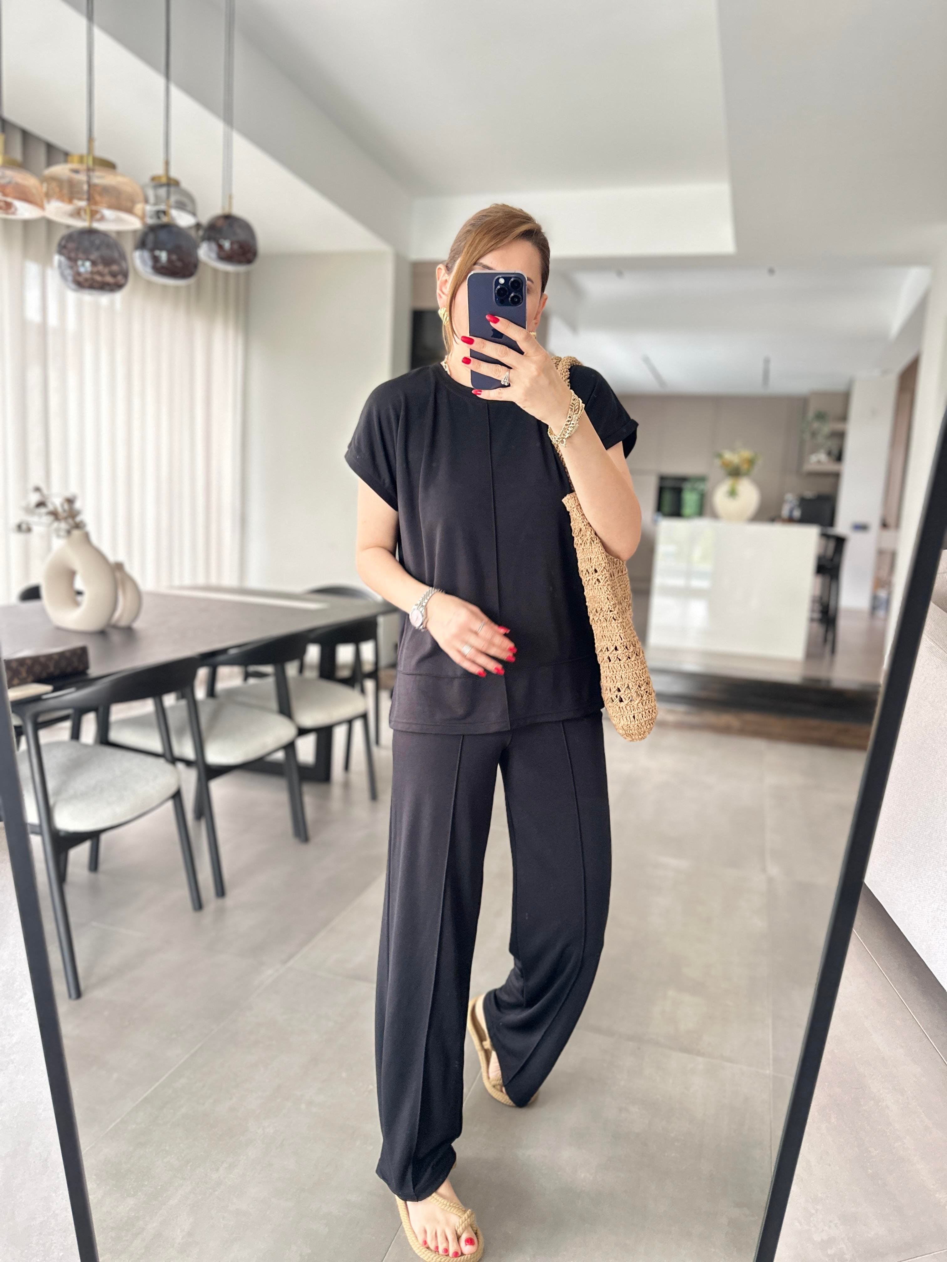 Siyah Modal Kumaş Çımalı T-Shirt Pantolonlu Takım