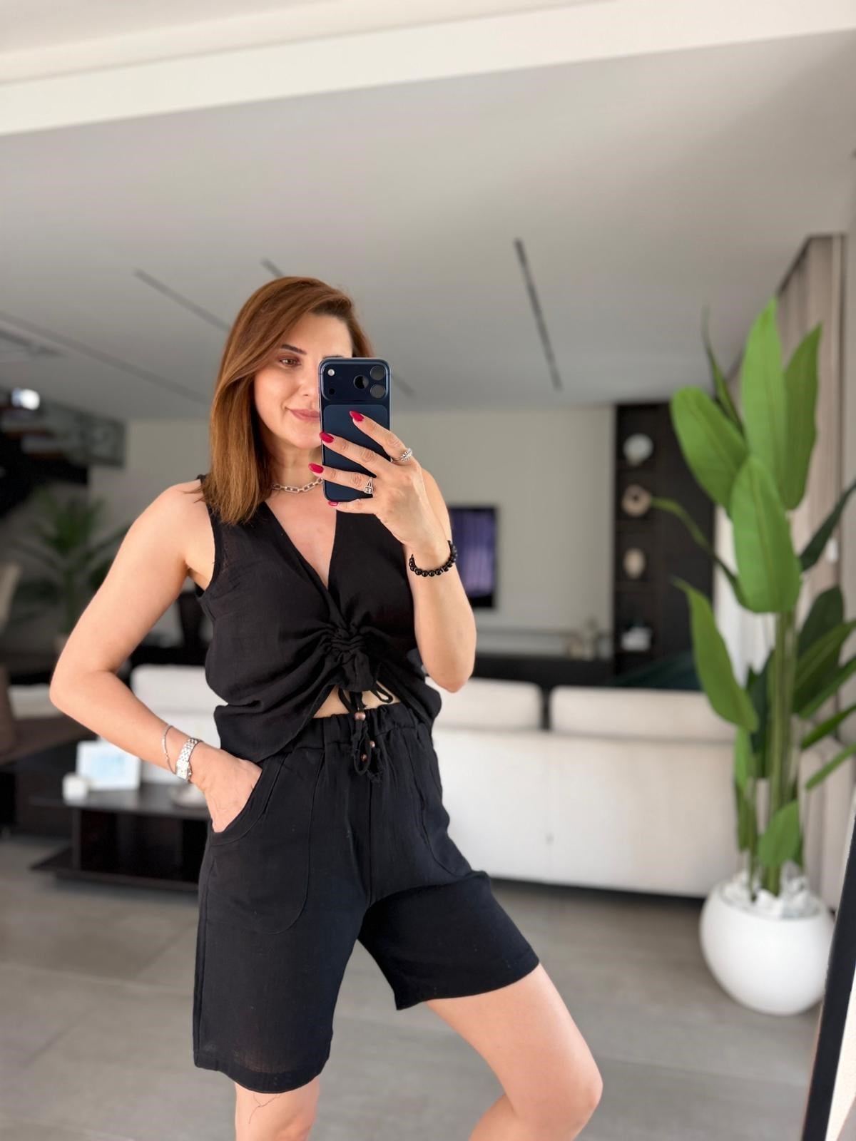 Siyah Müslin Şort Takım