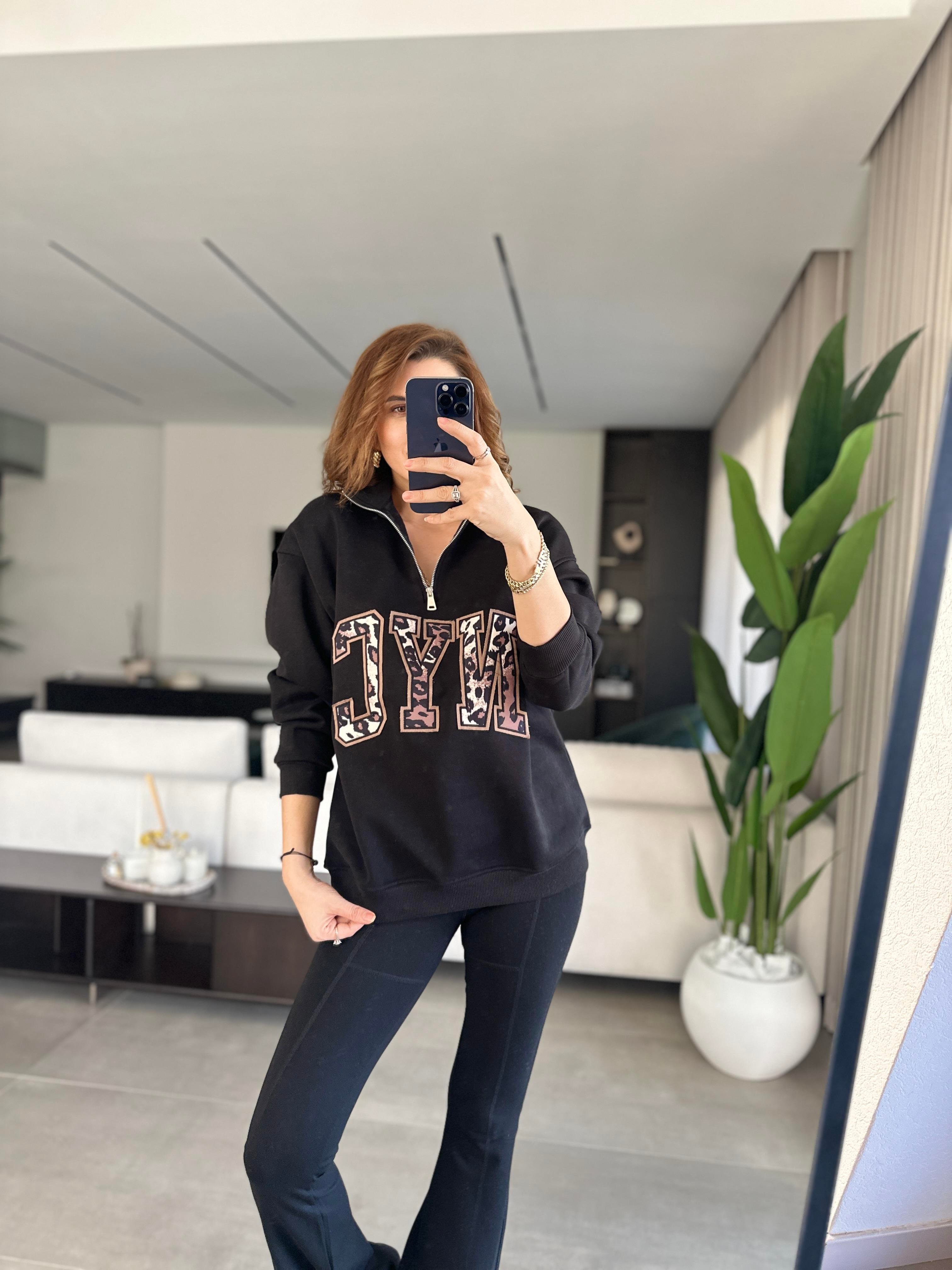 Siyah NYC Baskılı Yaka Fermuarlı Sweat