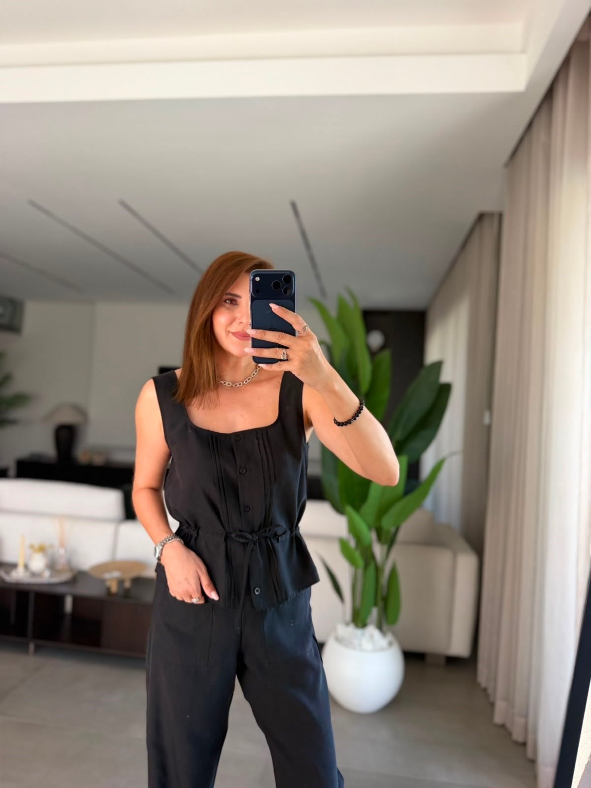 Siyah Önden Cepli Pantolon Bluz Takım