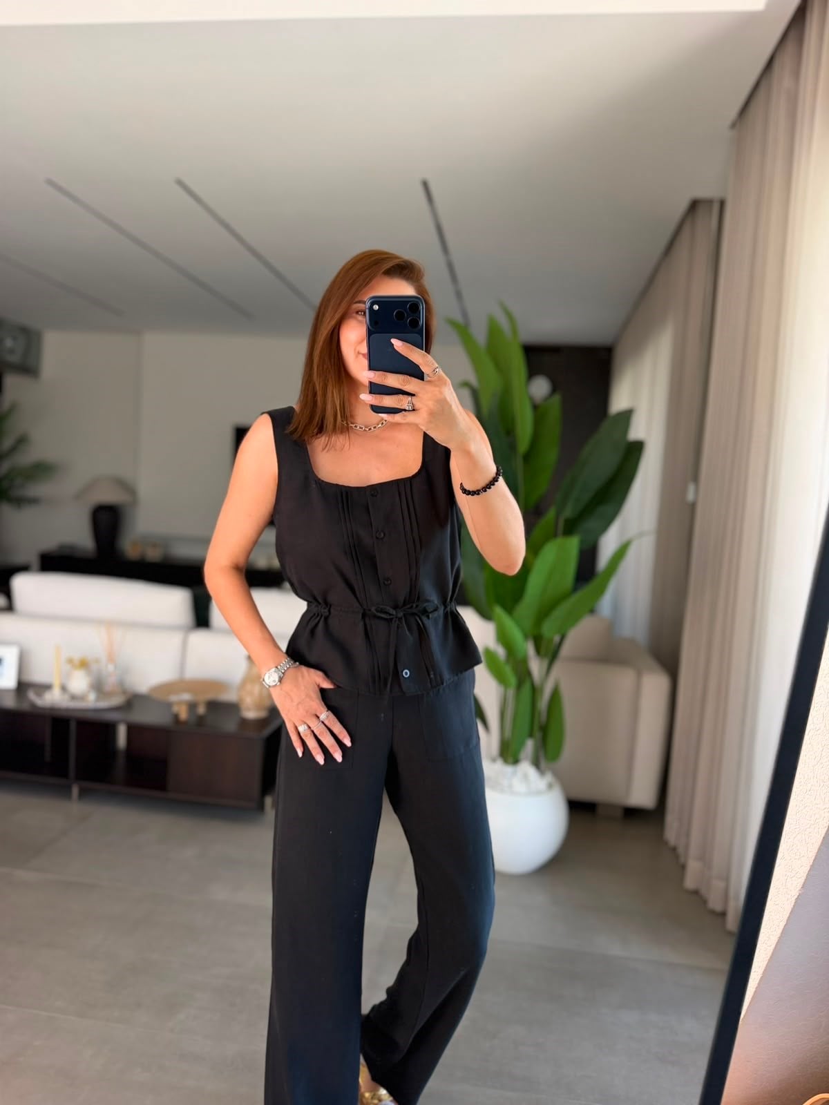 Siyah Önden Cepli Pantolon Bluz Takım