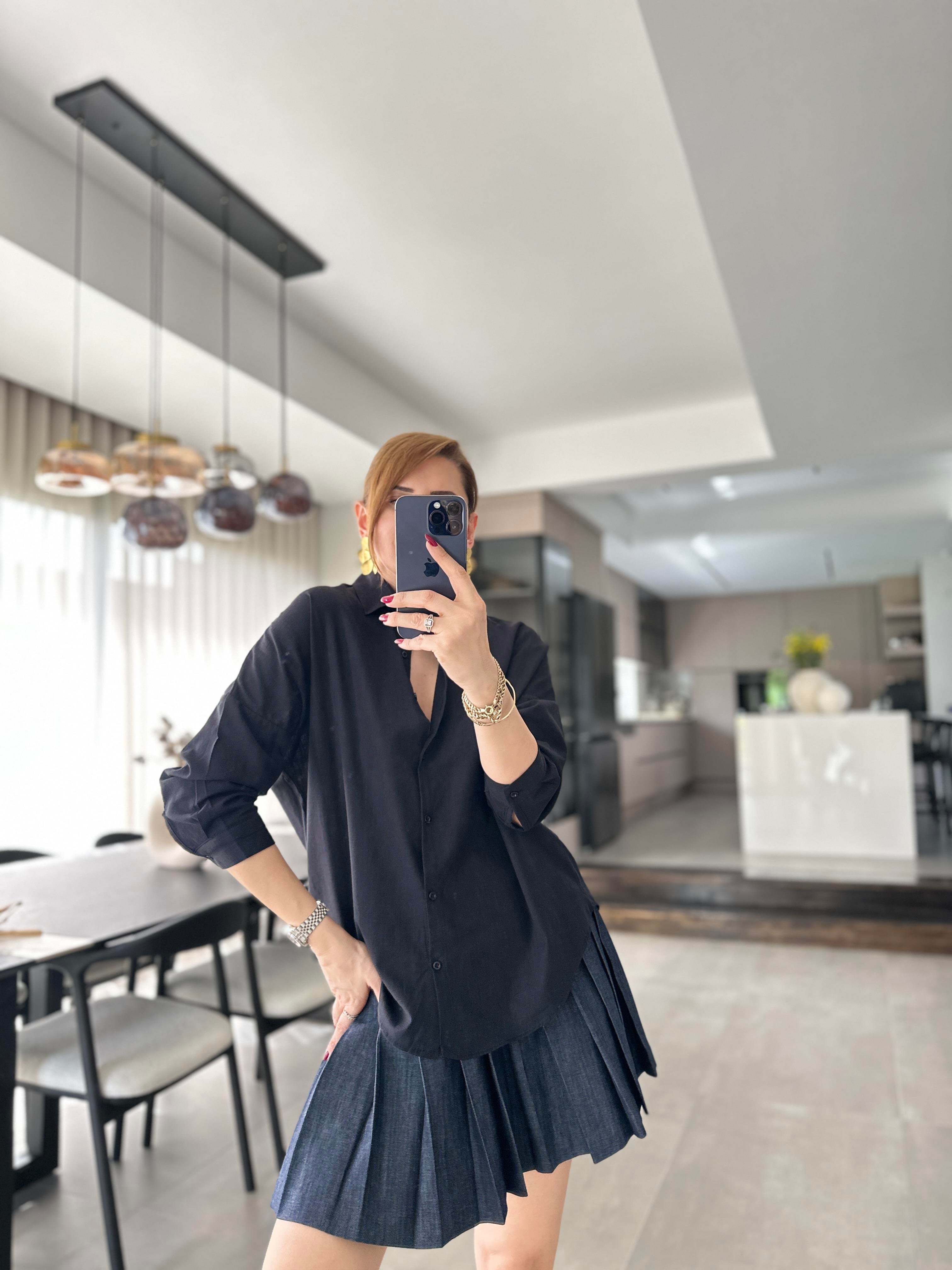Siyah Oversize Keten Gömlek