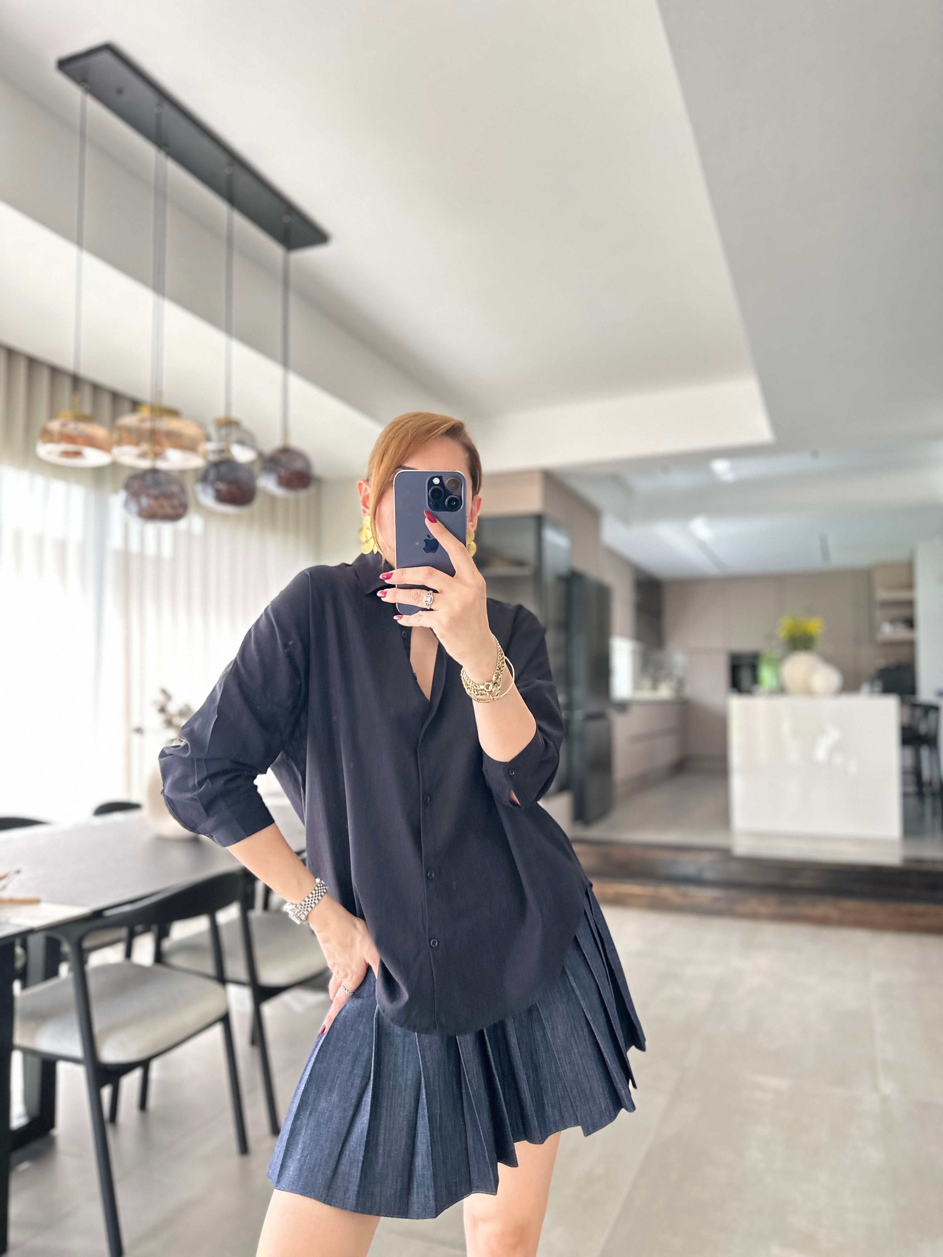 Siyah Oversize Keten Gömlek