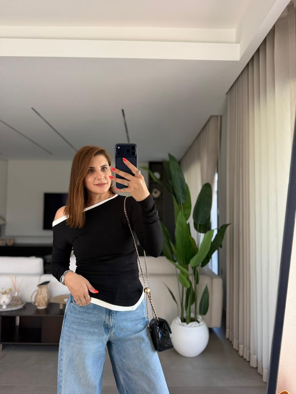 Siyah Paris Kontrast Biyeli Bluz