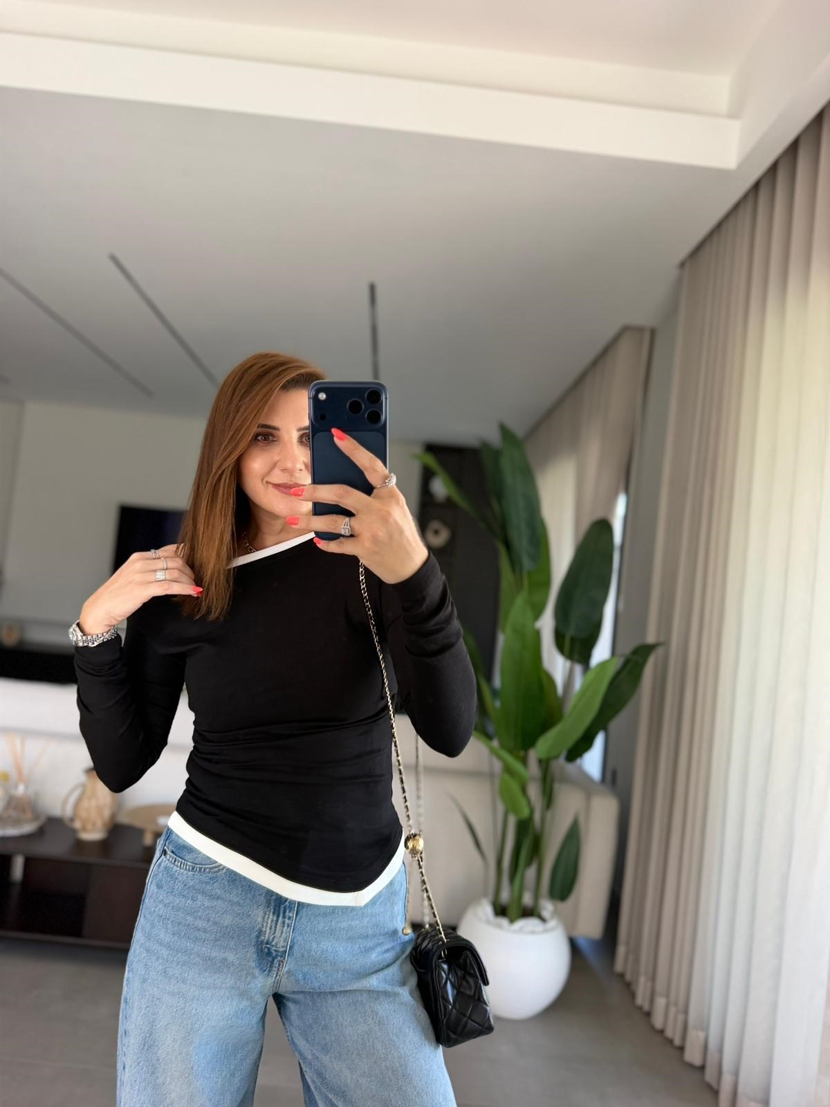 Siyah Paris Kontrast Biyeli Bluz