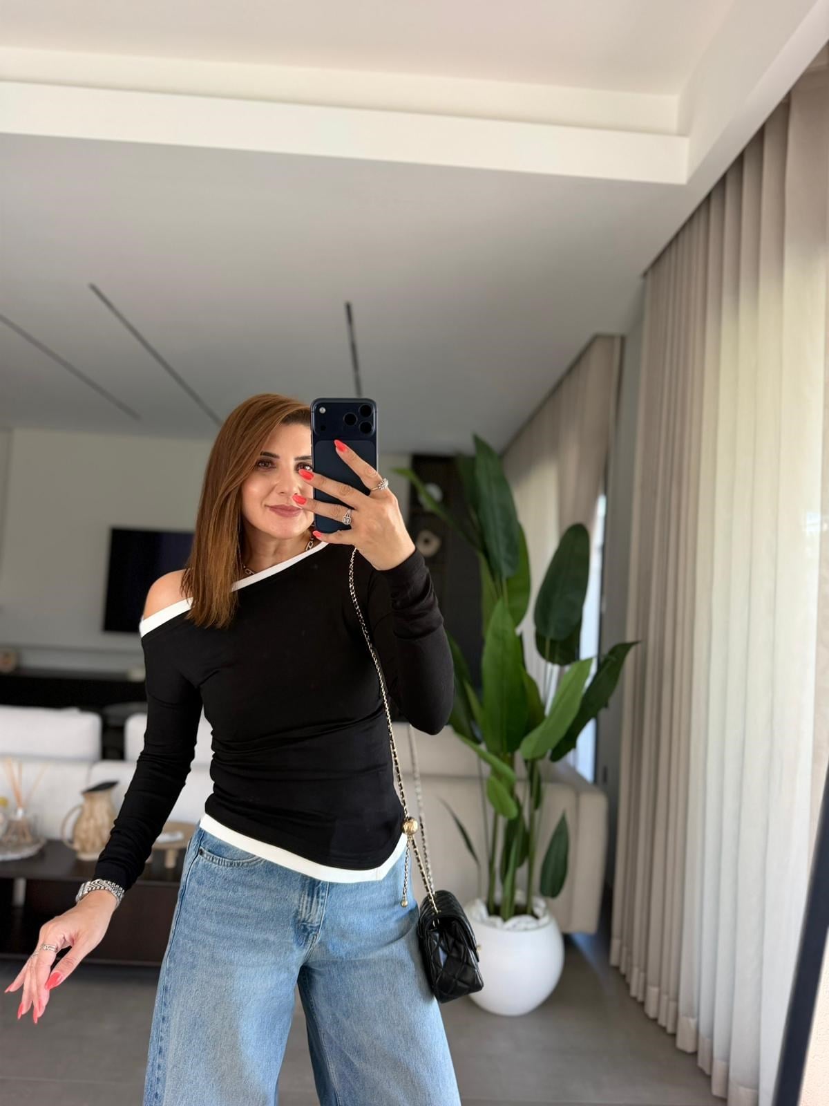 Siyah Paris Kontrast Biyeli Bluz