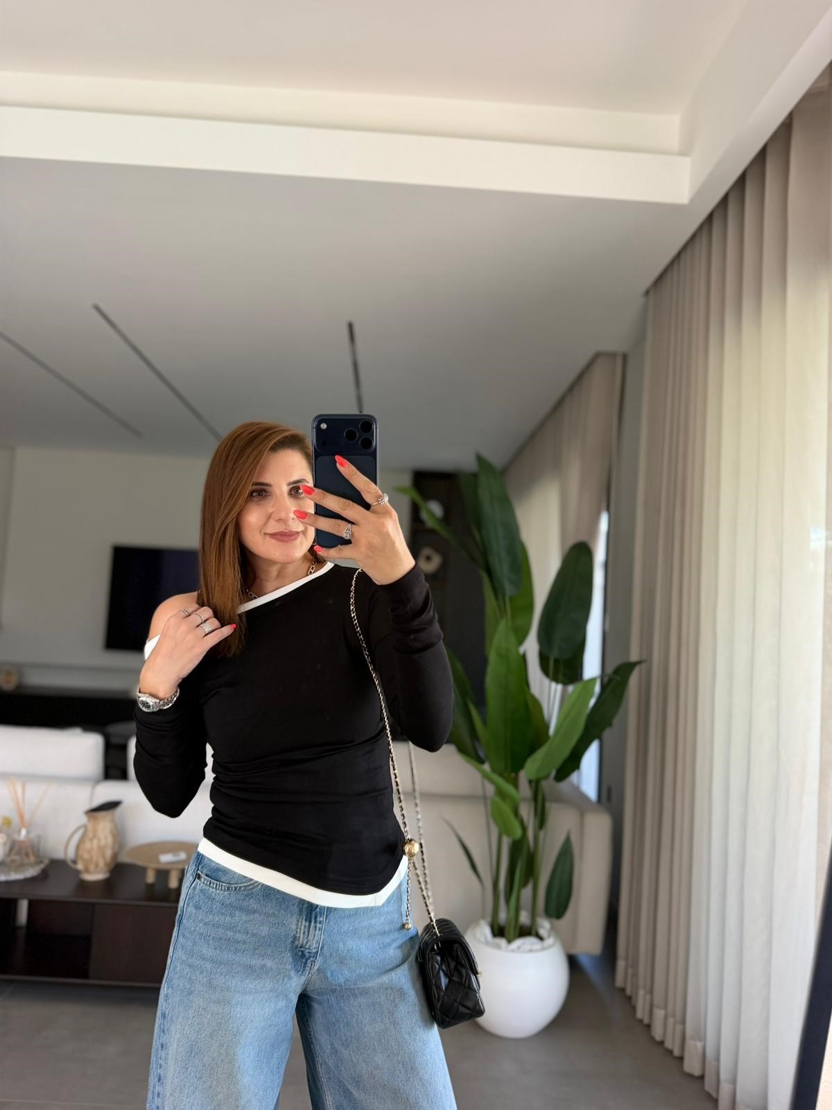 Siyah Paris Kontrast Biyeli Bluz