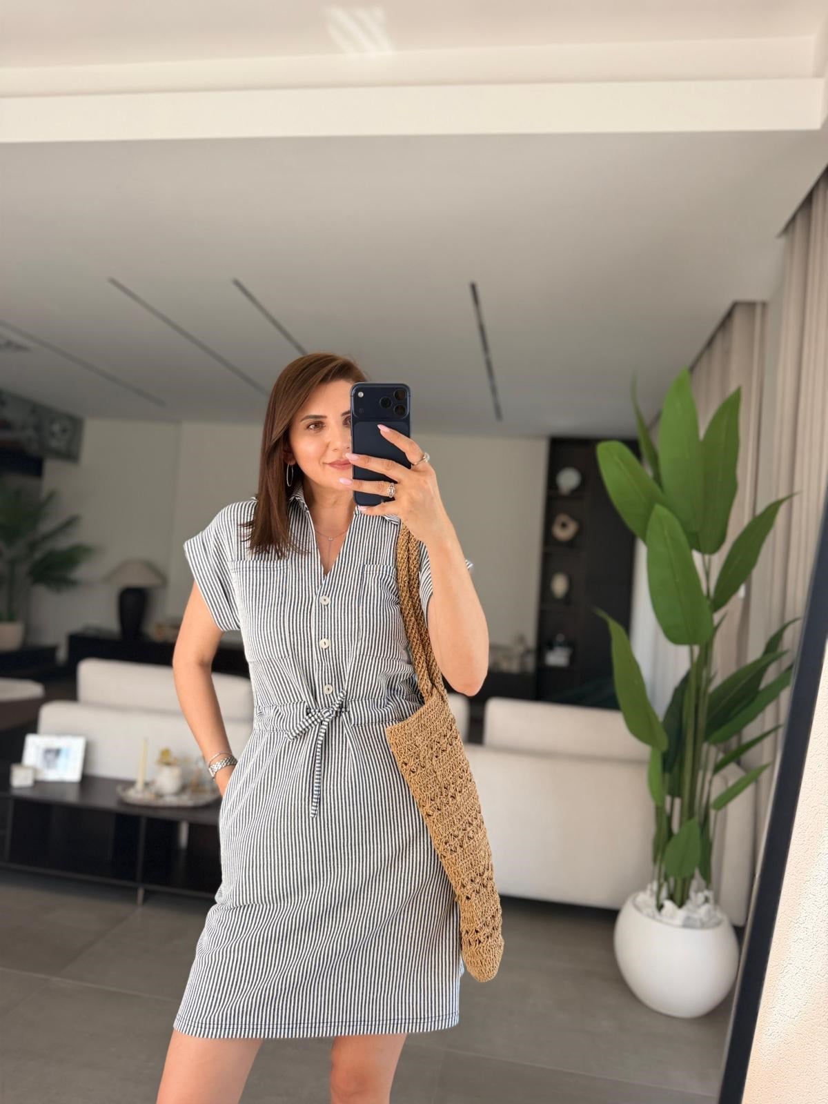 Siyah Polo Yaka Çizgili Elbise