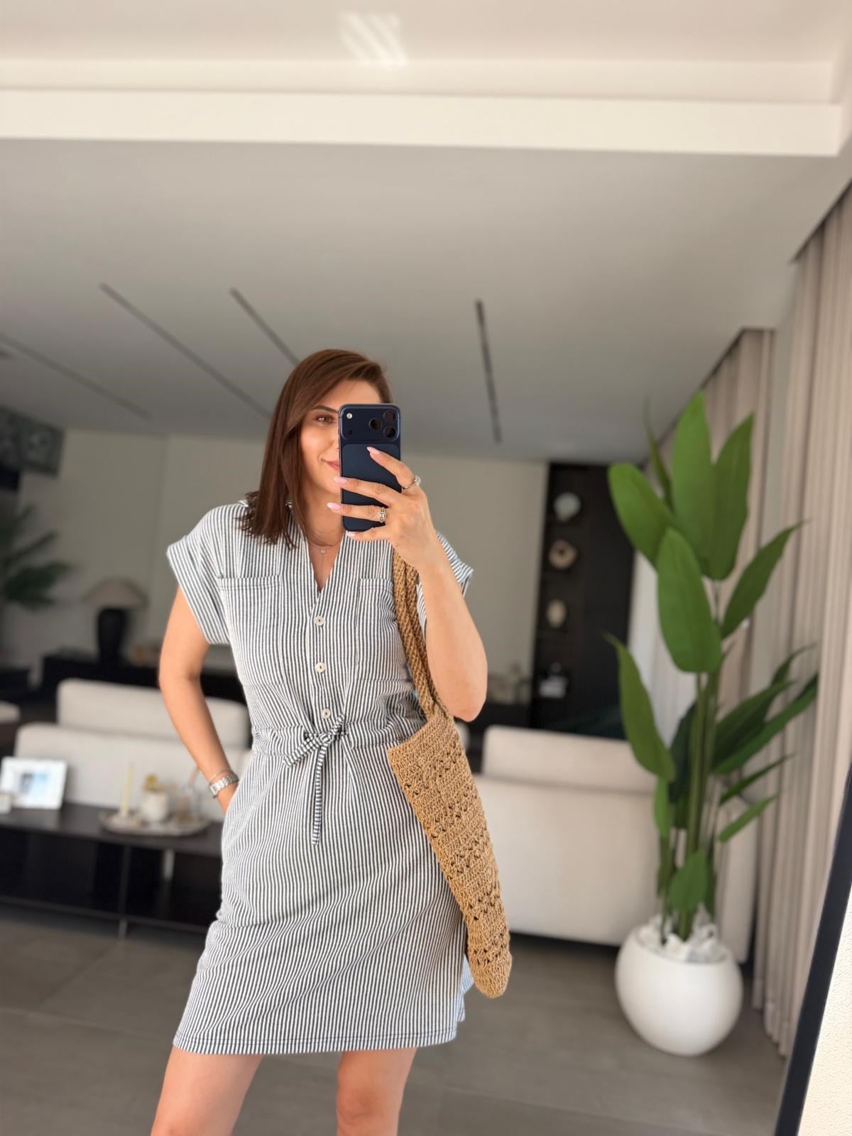 Siyah Polo Yaka Çizgili Elbise