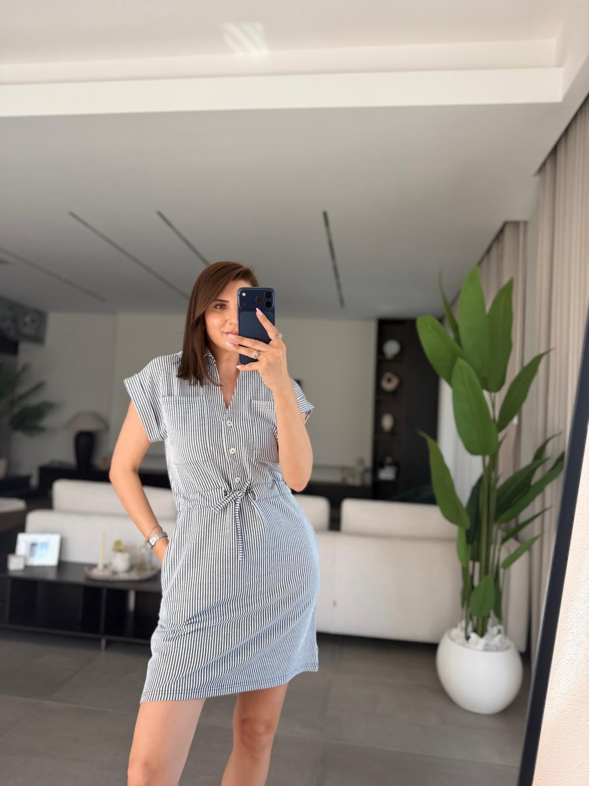 Siyah Polo Yaka Çizgili Elbise