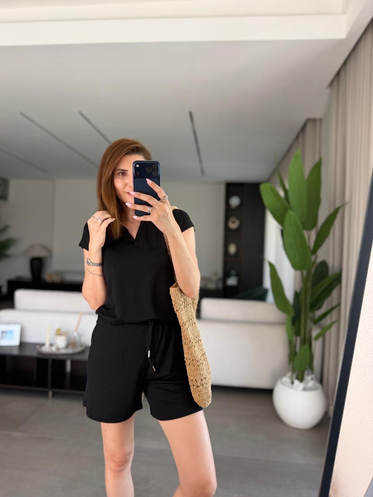 Siyah  Polo Yaka Oys Şort Takım