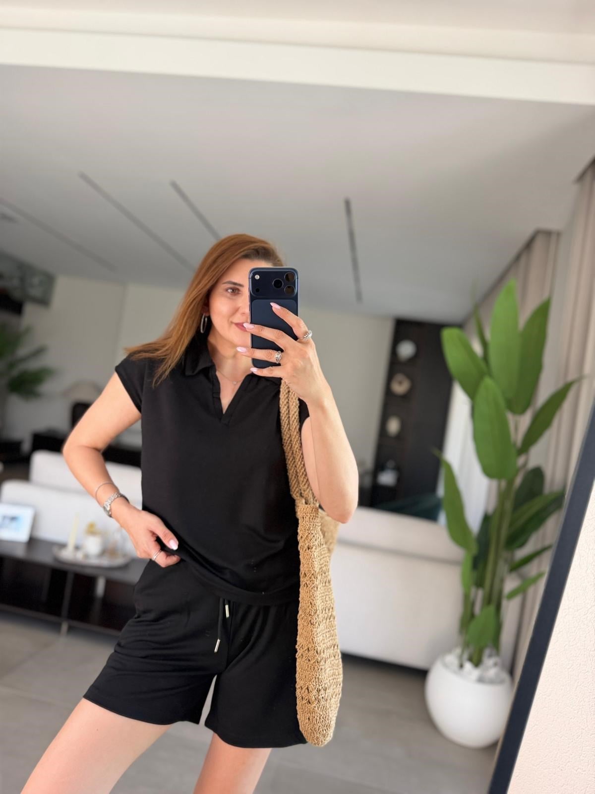 Siyah  Polo Yaka Oys Şort Takım