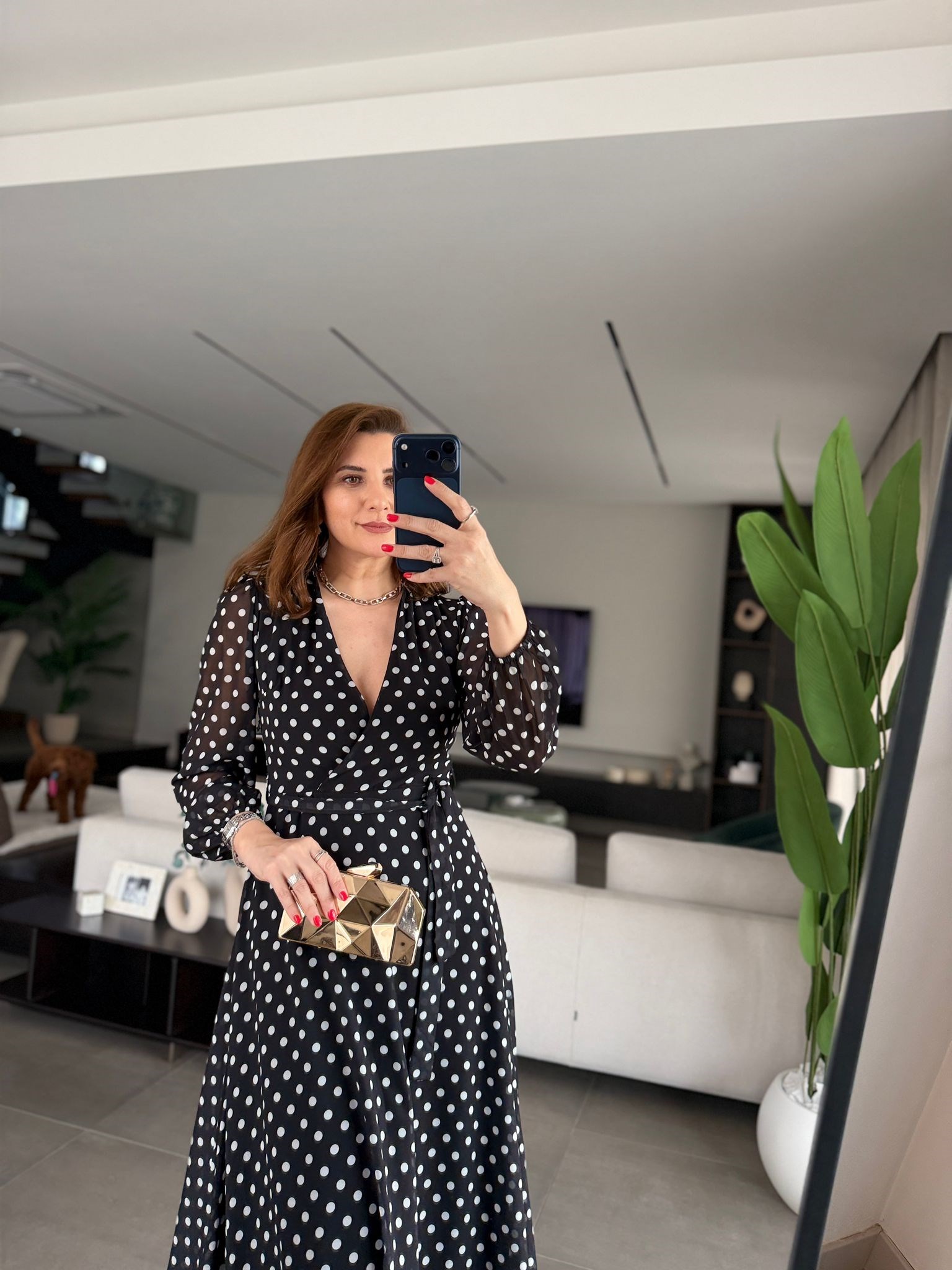 Siyah Puantiyeli Şifon Elbise