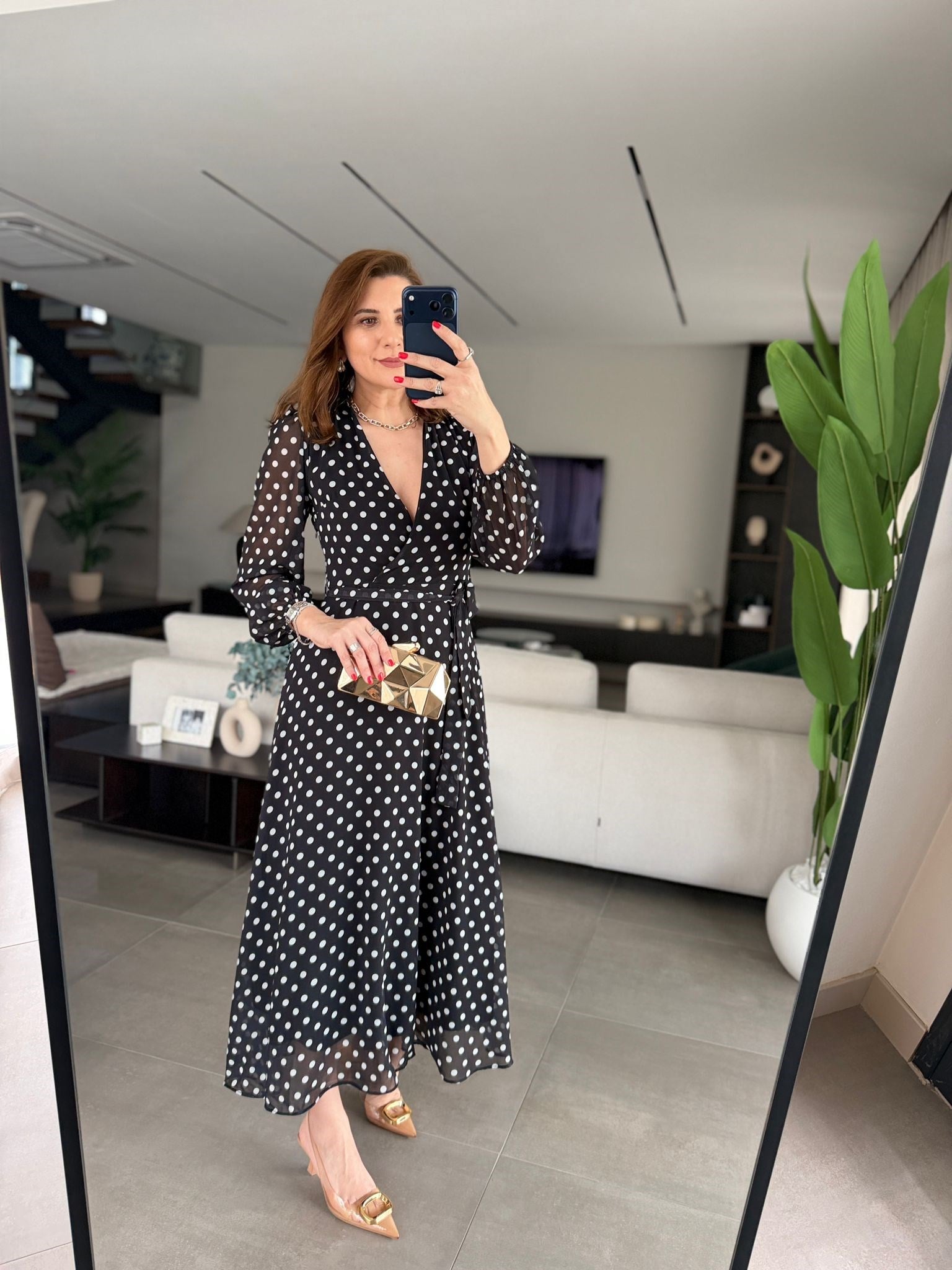 Siyah Puantiyeli Şifon Elbise