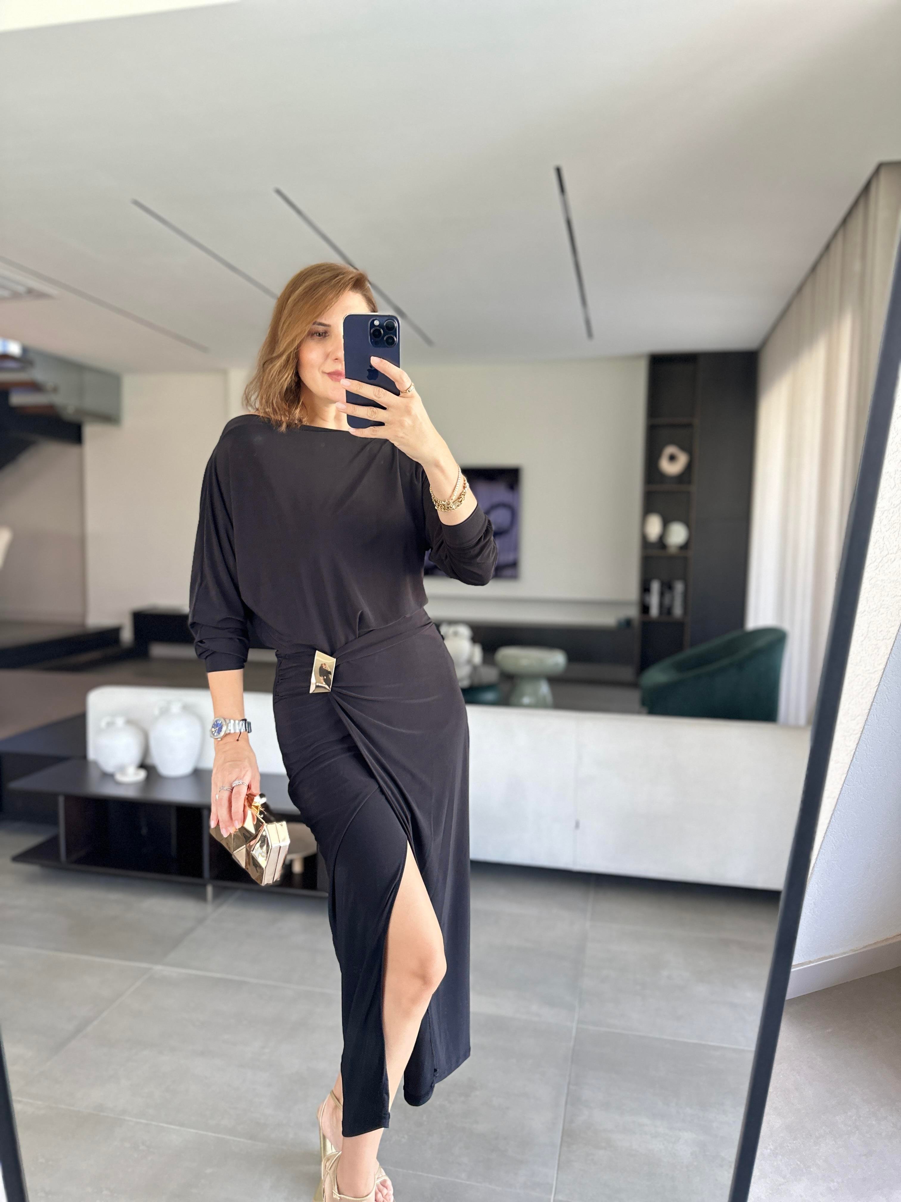 Siyah Sandy Tokalı Elbise