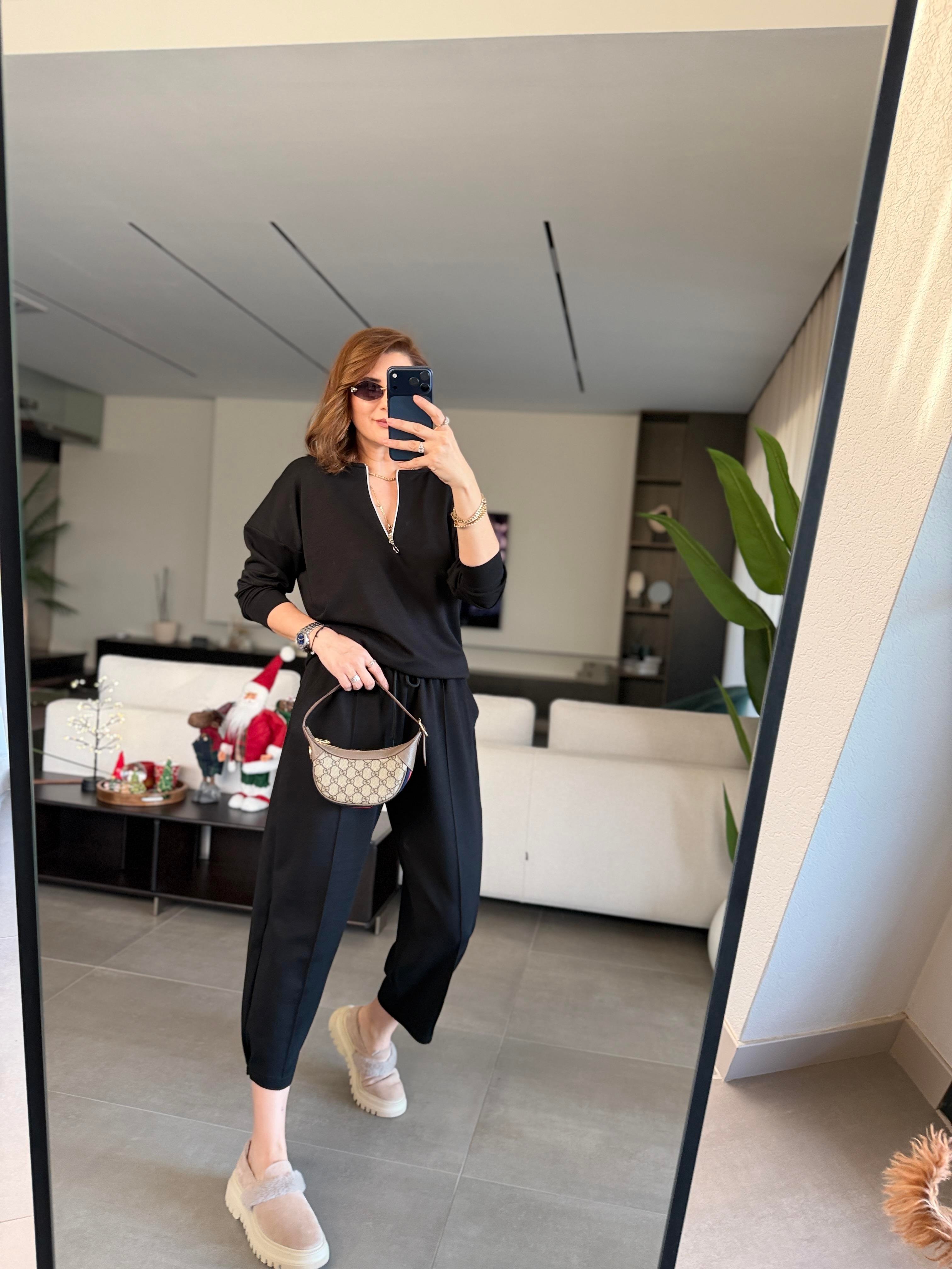 Siyah Santana Yarım Fermuarlı Takım