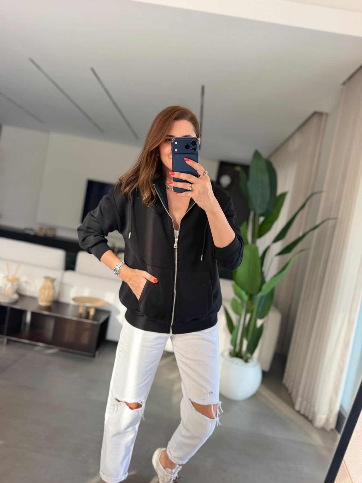Siyah Üç İplik Kapşonlu Oversize Ceket