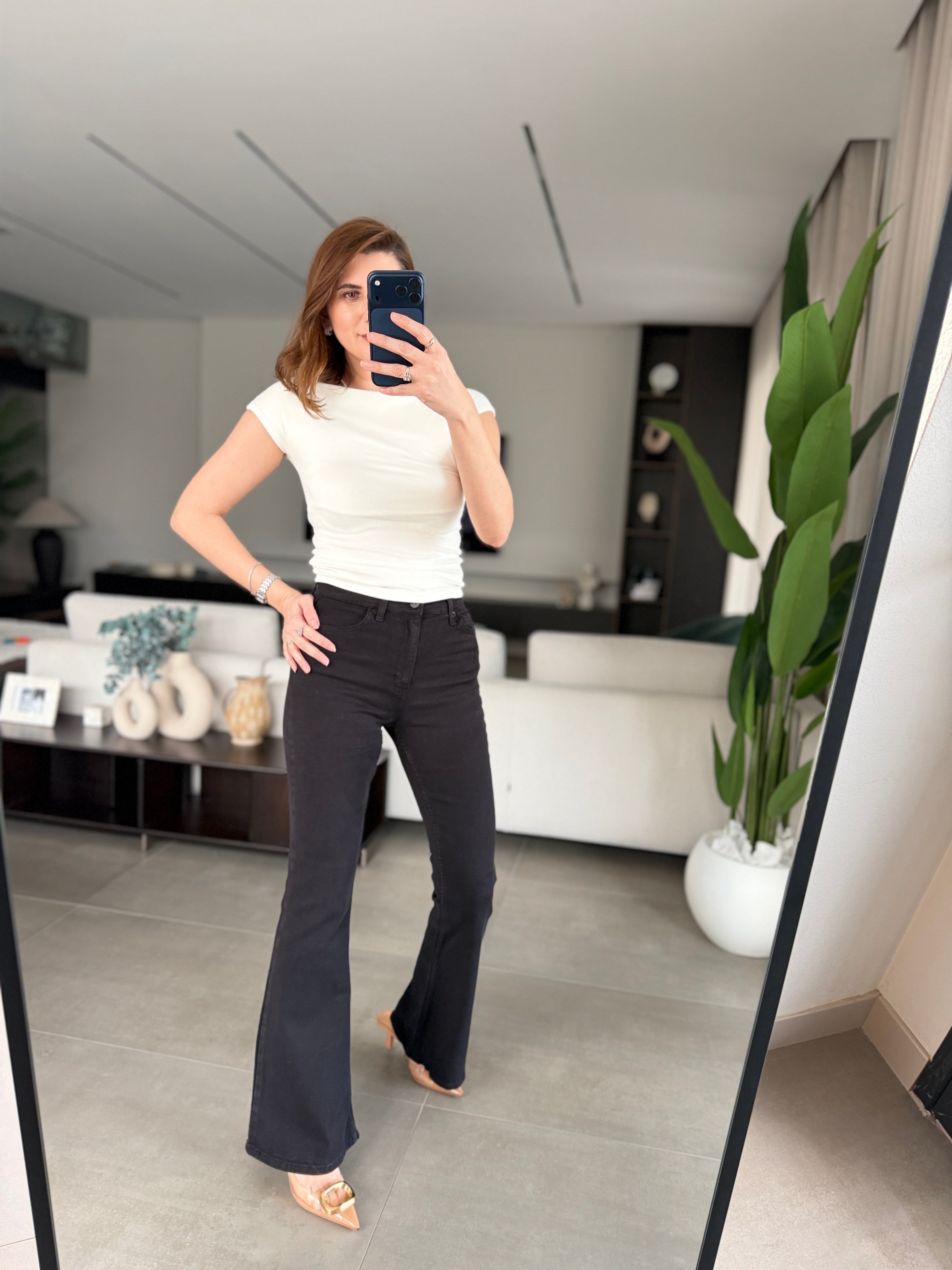 Siyah Yüksek Bel İspanyol Paça Jean